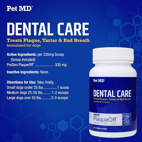 Pet MD Proden PlaqueOff Dog Teeth Cleaning Powder 60g | Oral Care Supplement for Dogs - Helps Reduce Bad Breath, Tartar & Plaque - Pet Dental Powder for Fresher Breath