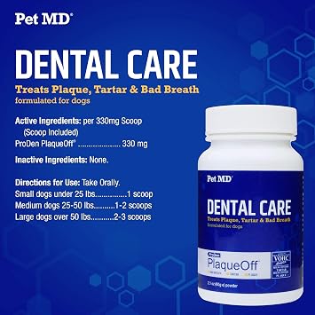 Pet MD Proden PlaqueOff Dog Teeth Cleaning Powder 60g | Oral Care Supplement for Dogs - Helps Reduce Bad Breath, Tartar & Plaque - Pet Dental Powder for Fresher Breath