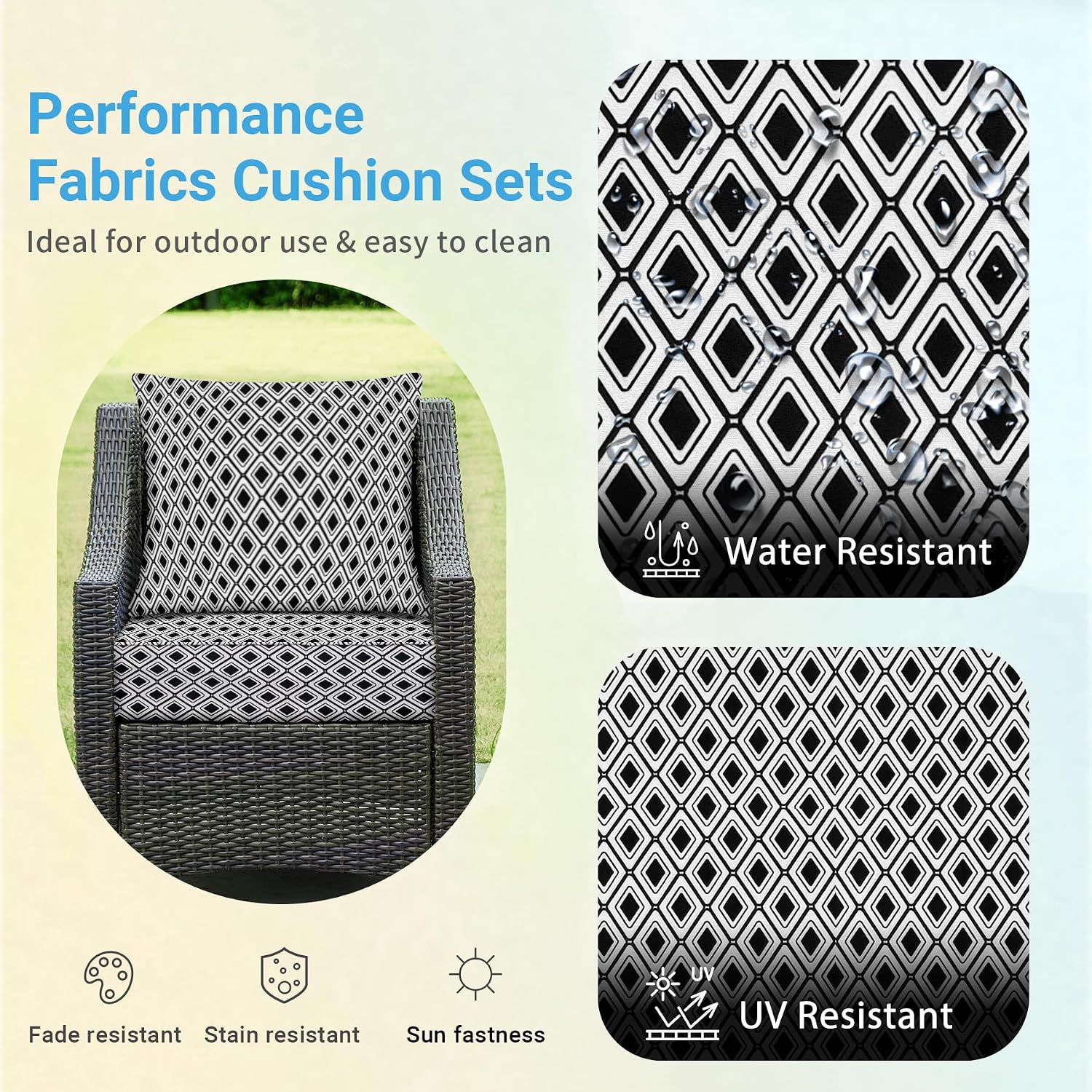 Condition photo showing New/Like New for outdoor cushions for patio furniture,outdoor seat cushion set 24 x 24 x 5.75 inch,waterproof & fade resistant outdoor chair cushions,deep patio chair cushion with removable cover,black geometry black geometry 24*24+5.75/25*22.5"