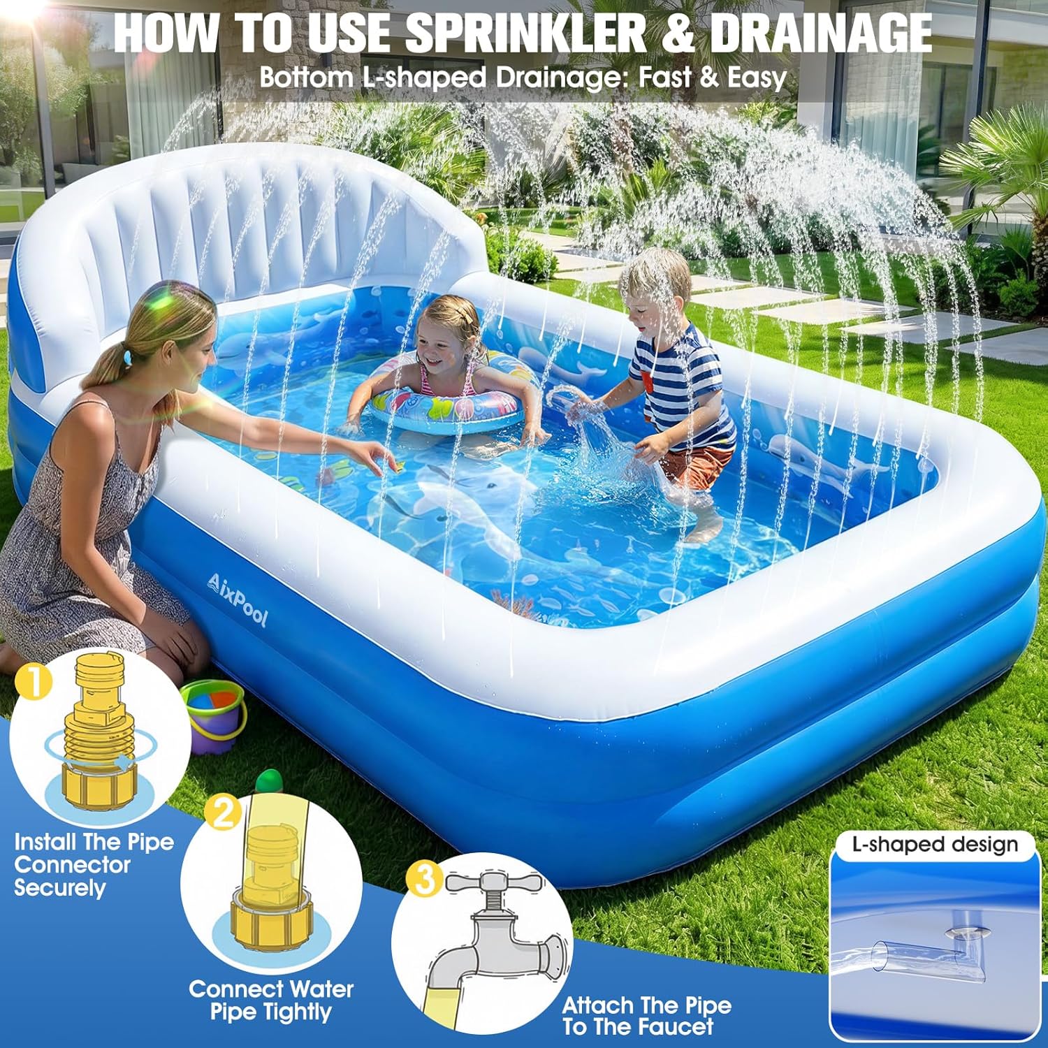2026 Inflatable Pool with Sprinkler,Durable Blow up Pool with Big Backrest, Rectangle Kids Pool Backyard,Children Swimming Pool,Small Inflatable Kiddie Pool,Outdoor Water Pool for Kids-M