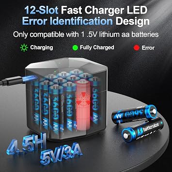 Rechargeable Lithium AA Batteries 12-Pack with 12-Slot Smart Charger, 3600mWh 1.5V Constant Lithium AA Batteries, Double A Battery Rechargeable 2000+ (Black)
