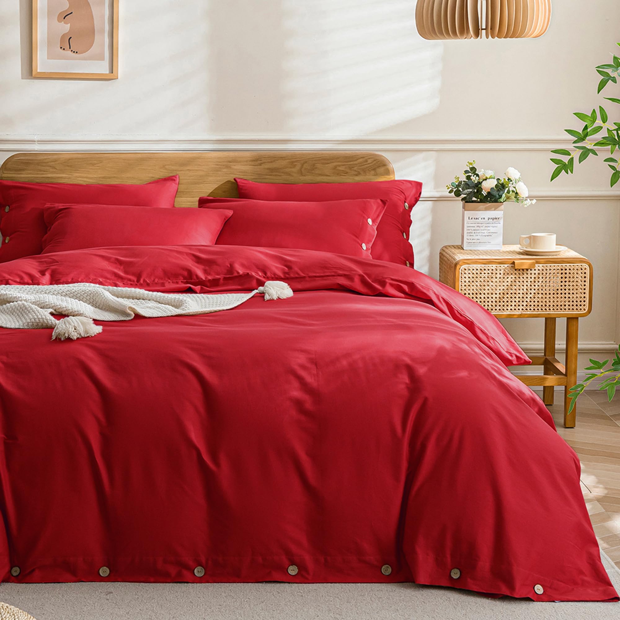 JELLYMONI Cotton Duvet Cover Queen Size - Crimson Red Comforter Cover with Button 100% Washed Cotton 3PCS Breathable Soft Solid Bedding Set Duvet Cover 90×90in &amp; 2 Pillowcases (NO Comforter)