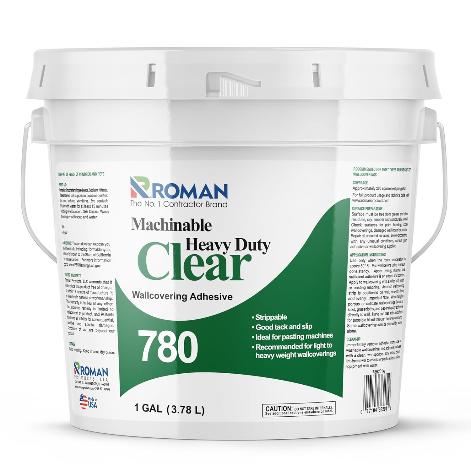 ROMAN 780 Heavy Duty Clear Wallpaper Adhesive, Machinable, Strippable, Low VOC, 1-Gallon (240 Sq. Ft.)