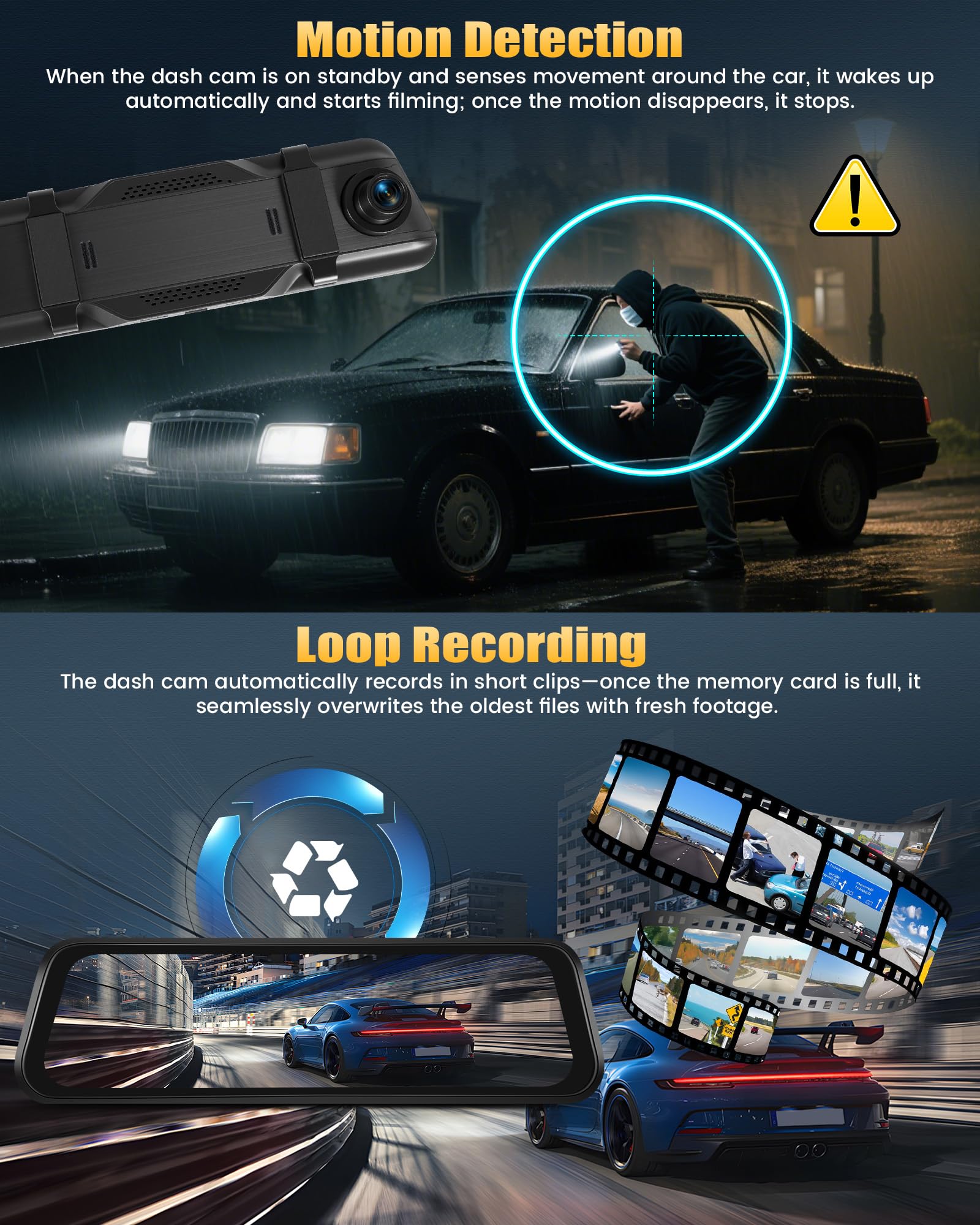 CAMECHO 9.66'' 1080P Écran Tactile Dashcam Retroviseur Voiture, Double Dash Cam Avant et arrière, Vision Nocturne Camera Embarquée Voiture avec Détection de Mouvement, Compensation d'exposition