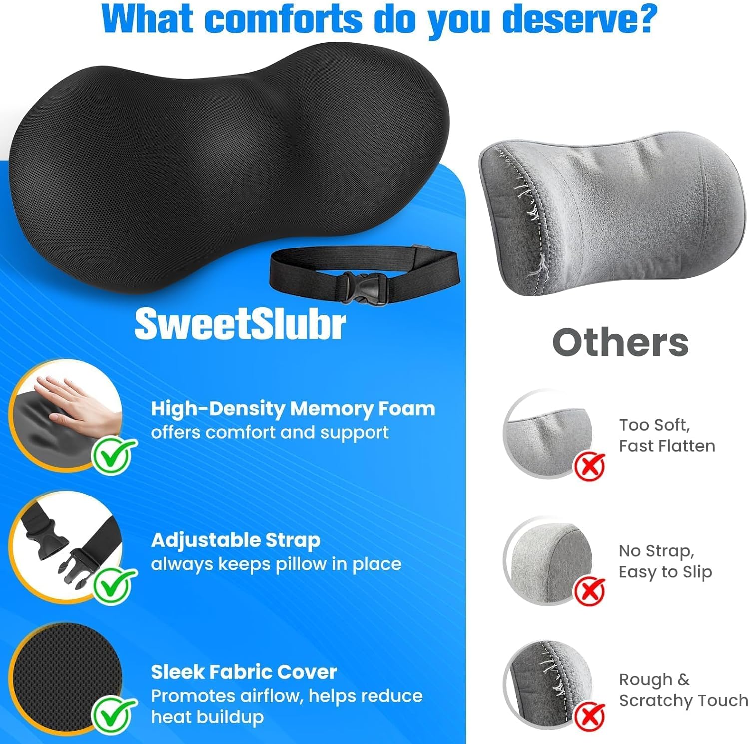 SweetSlubr Lumbar Support Pillow for Office Chair - Memory Foam Lumbar Pillow with Detachable Strap & Breathable Cover, Ergonomic Back Support for Office Chair, Car, Bed Rest (Black)