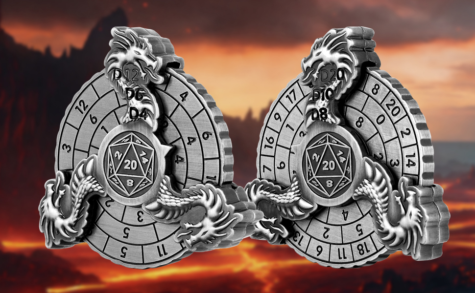 DNDND Dragon Roulette Spinner Dé métallique 7-en-1 avec boîte cadeau magnifique pour jeux de rôle (Donjons et Dragons) et jeux de plateau (Argent avec violet