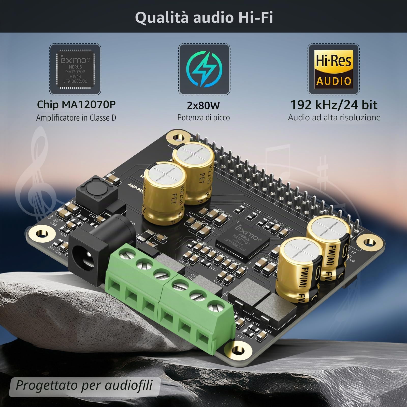 InnoMaker Amplificatore Audio 2x80W Uscita di Picco Classe D HiFi AMP Pro Hat, con MA12070P 192 kHz/24 bit, supporta Volumio, MoOde, Raspbian, LibreELEC per Raspberry Pi 5 4 3B+ Pi Zero