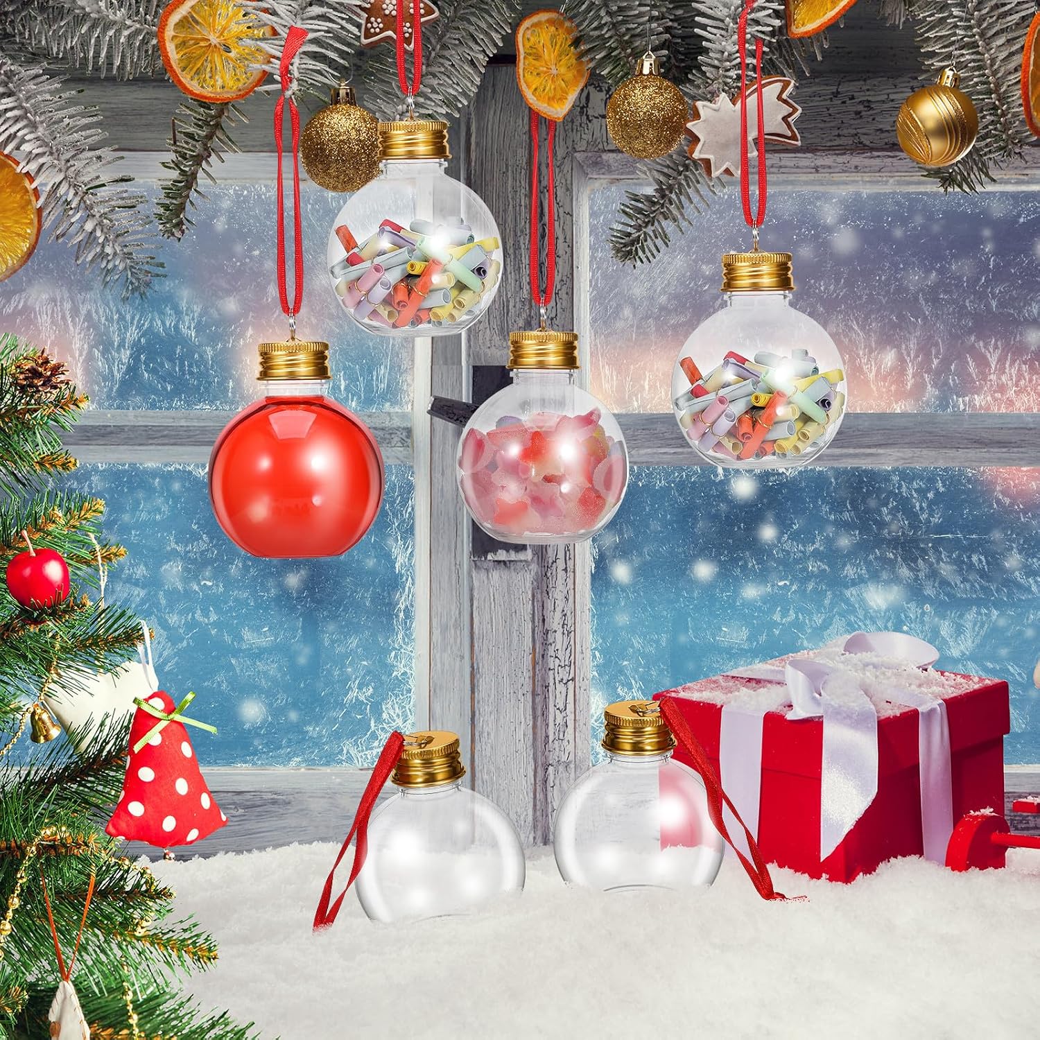 10pcs Bulb-shaped round Candy Bottles with Leak-proof Spill Proof Lids, Gold-tone Plastic Bottles for Christmas Tree Decoration Pendant or Holiday Party Favors