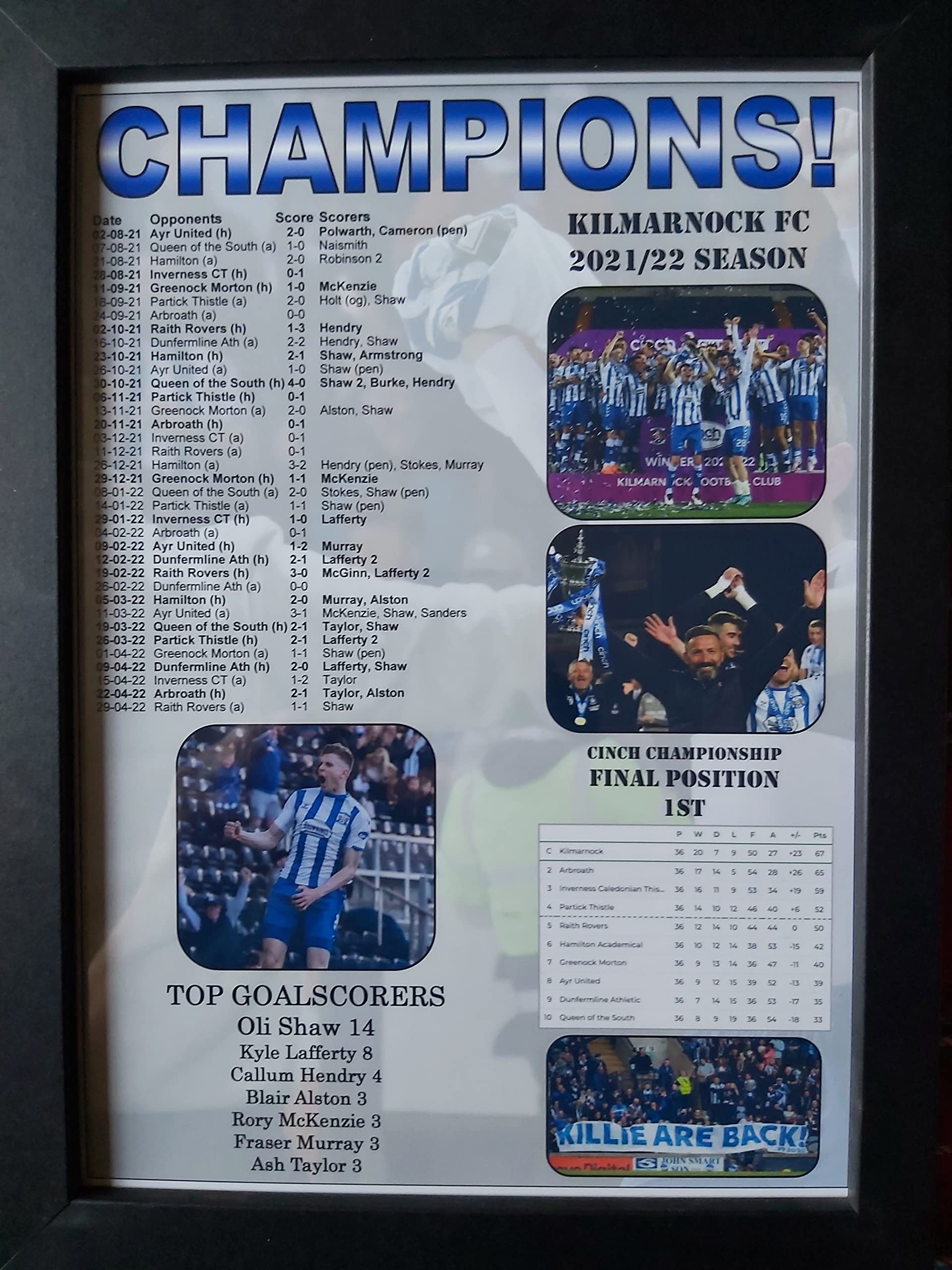 Sports Prints Uk Black Kilmarnock Scottish Championship Champions 2022 - Framed Print