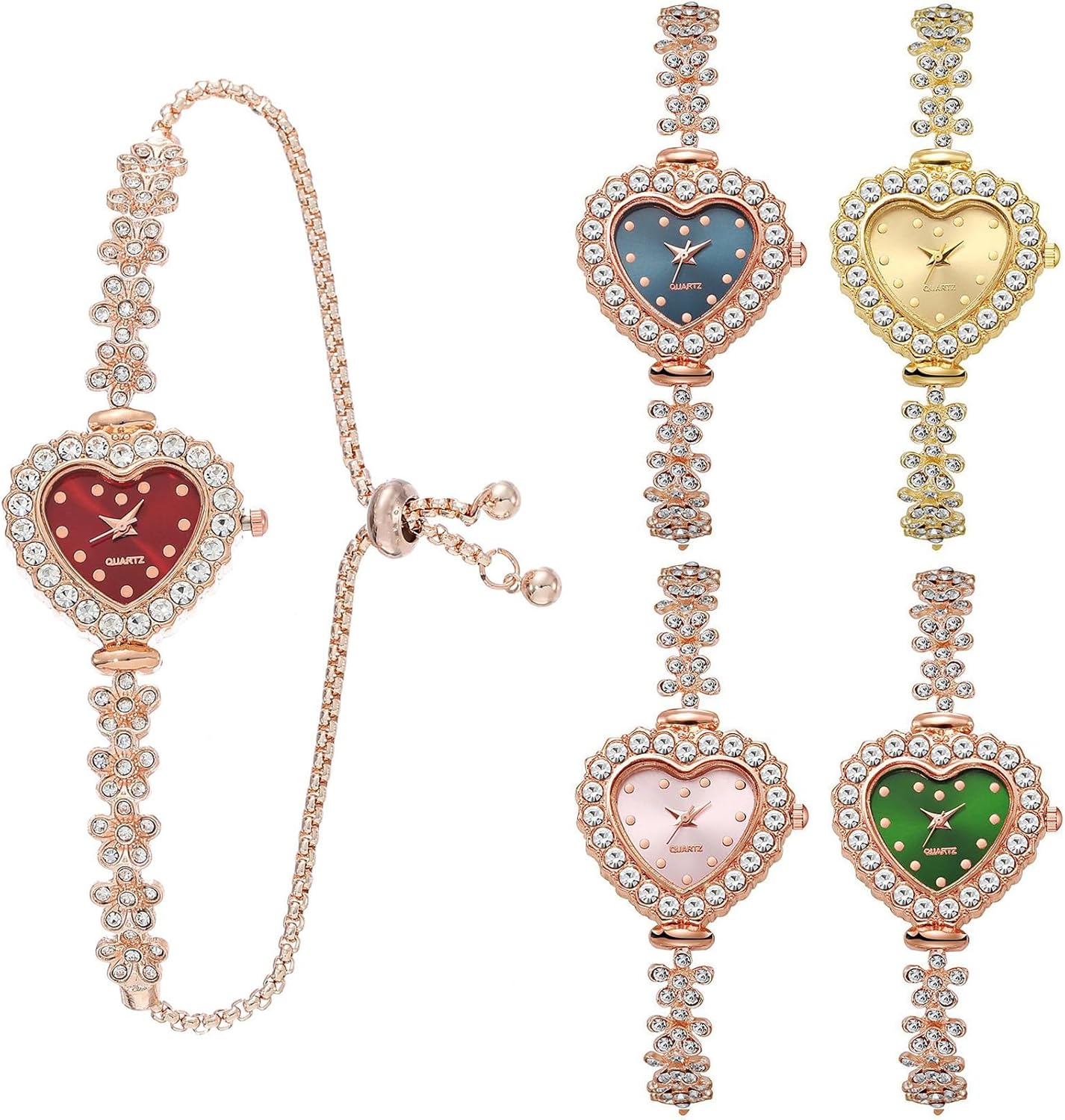 5Pcs Fashionable Diamond Heart Shaped Women Watch Bracelet Wholesale Watches Flower Analog Quartz Wristwatches