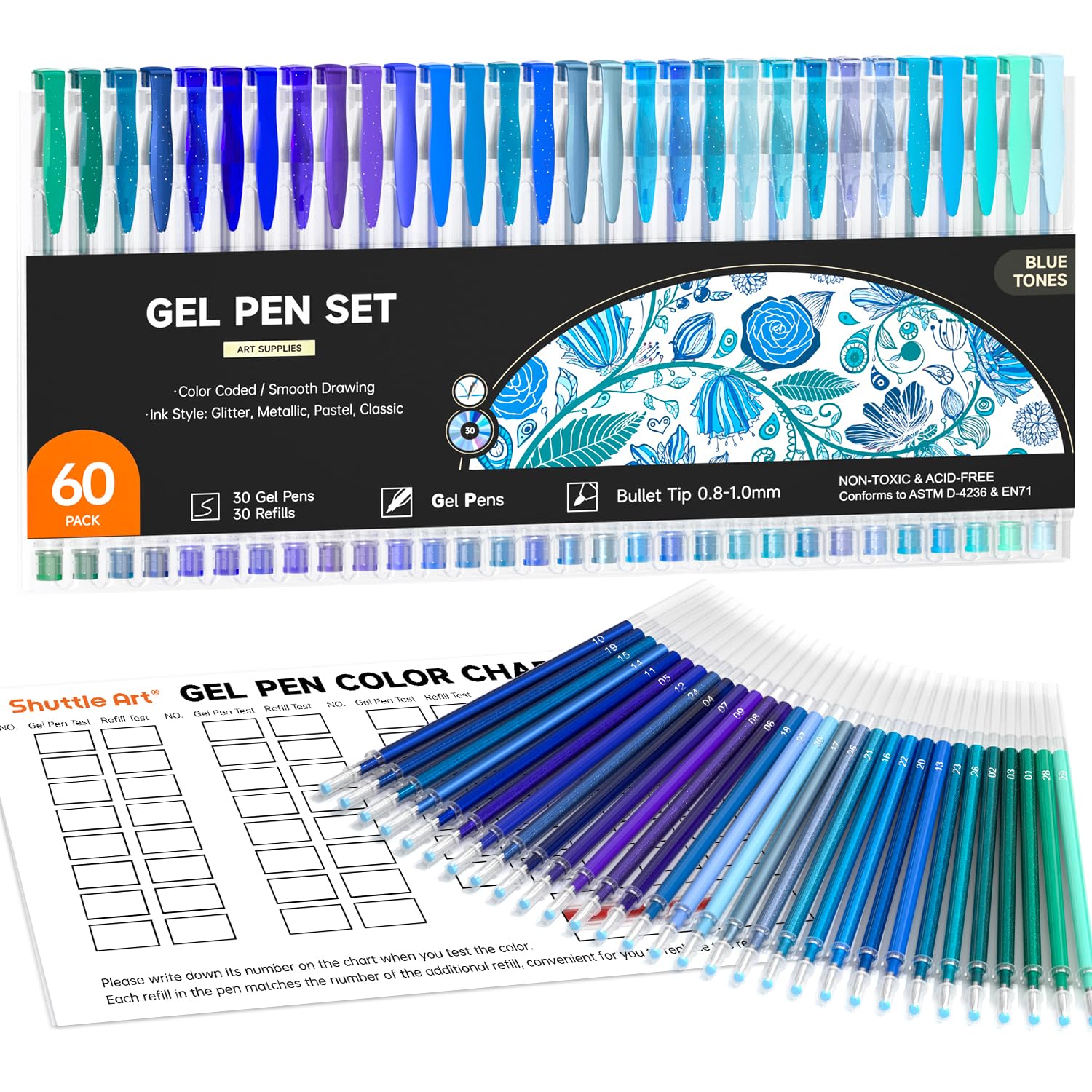 Shuttle Art60 Pack Blue Tone Gel Pens, 30 Blue Tone Gel Pens with 30 Refills for Adults Coloring Books Journaling Drawing Nature, Landscapes, Animals ScenesGlobal Recycled StandardGlobal Recycled StandardGlobal Recycled Standard