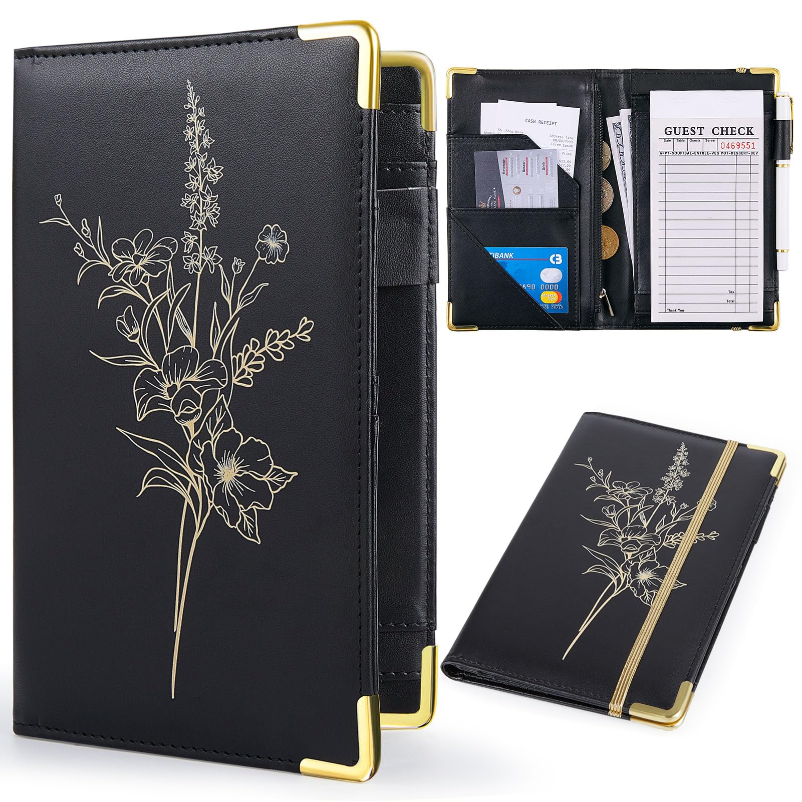 Server Book, PU Leather Server Books for Waitress with Zipper Pockets, Waitress Book with Pen Holder Fit Server Apron Check Presenters for Restaurants