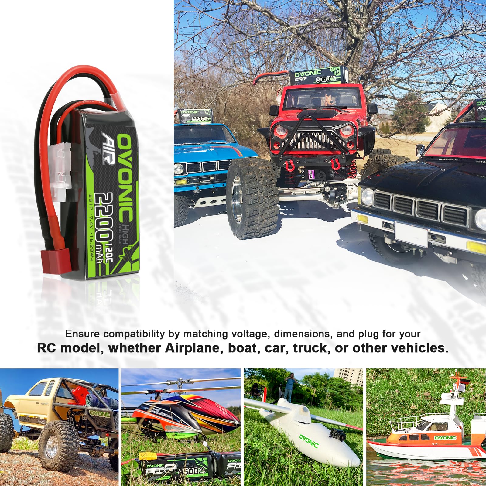 OVONIC 2s Lipo akumulator 7,4 V 120C 2200 mAh akumulator Shorty Pack z wtyczką Deans do helikoptera samolotowego, specjalnie do samolotów 1:14 RC Car RC (2 sztuki)