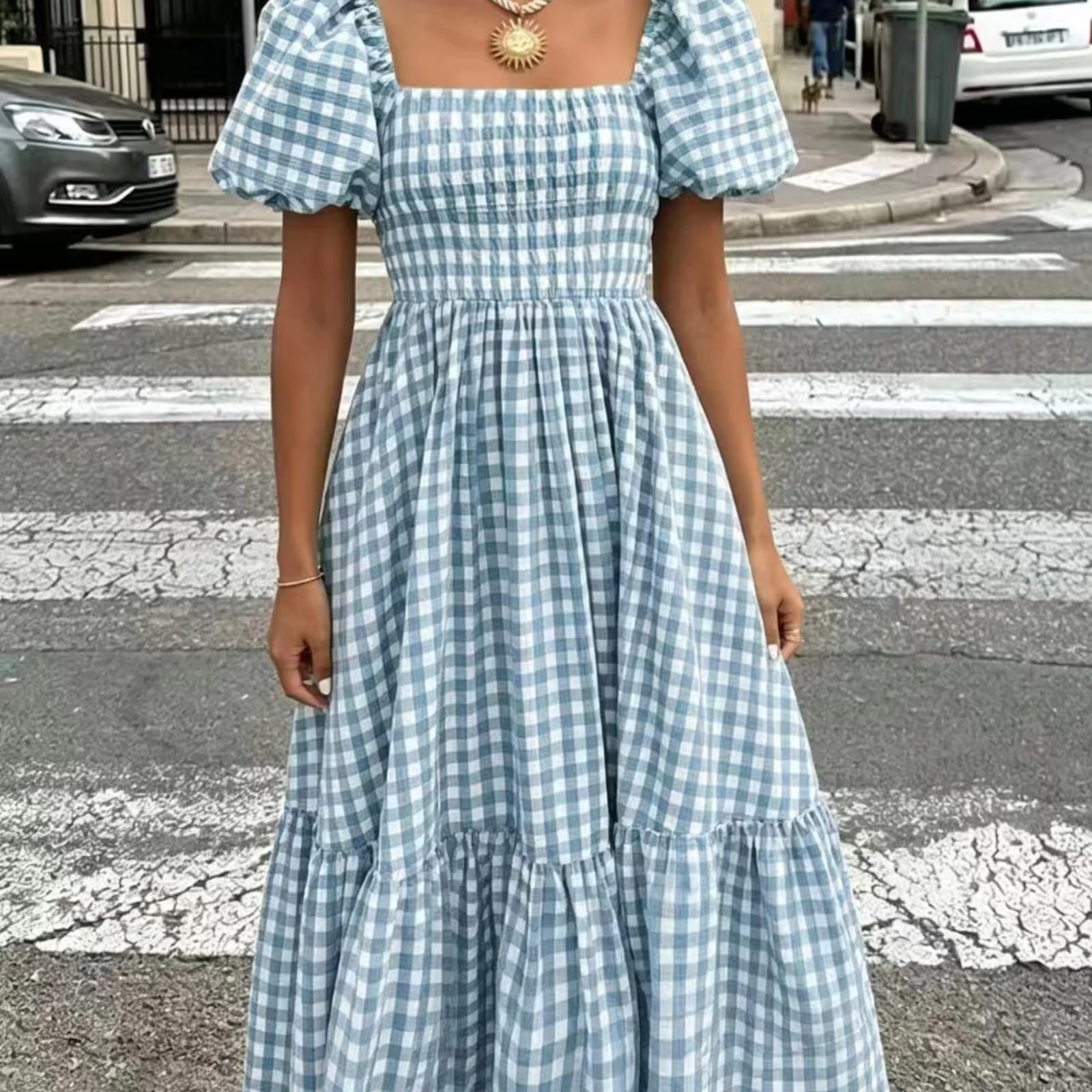Abito Maxi Vichy Donna Scollo Quadrato Maniche Gonfie Volant
