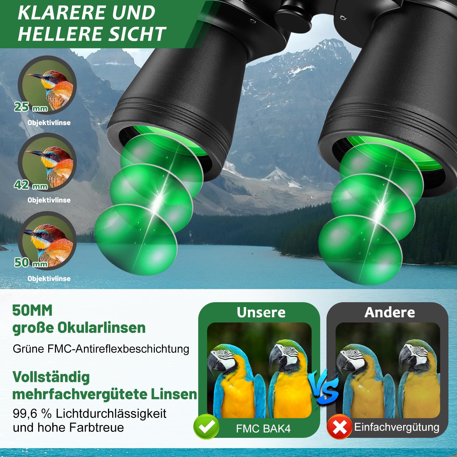 Fernglas für Erwachsene 20x50, Stabiles Fernglas mit Smartphone Adapter für Vogelbeobachtung, Jagd, Outdoor, Reisen & Natur, Kompakt Leicht Wasserdichtes Ferngläser Für Brillenträger Geeignet