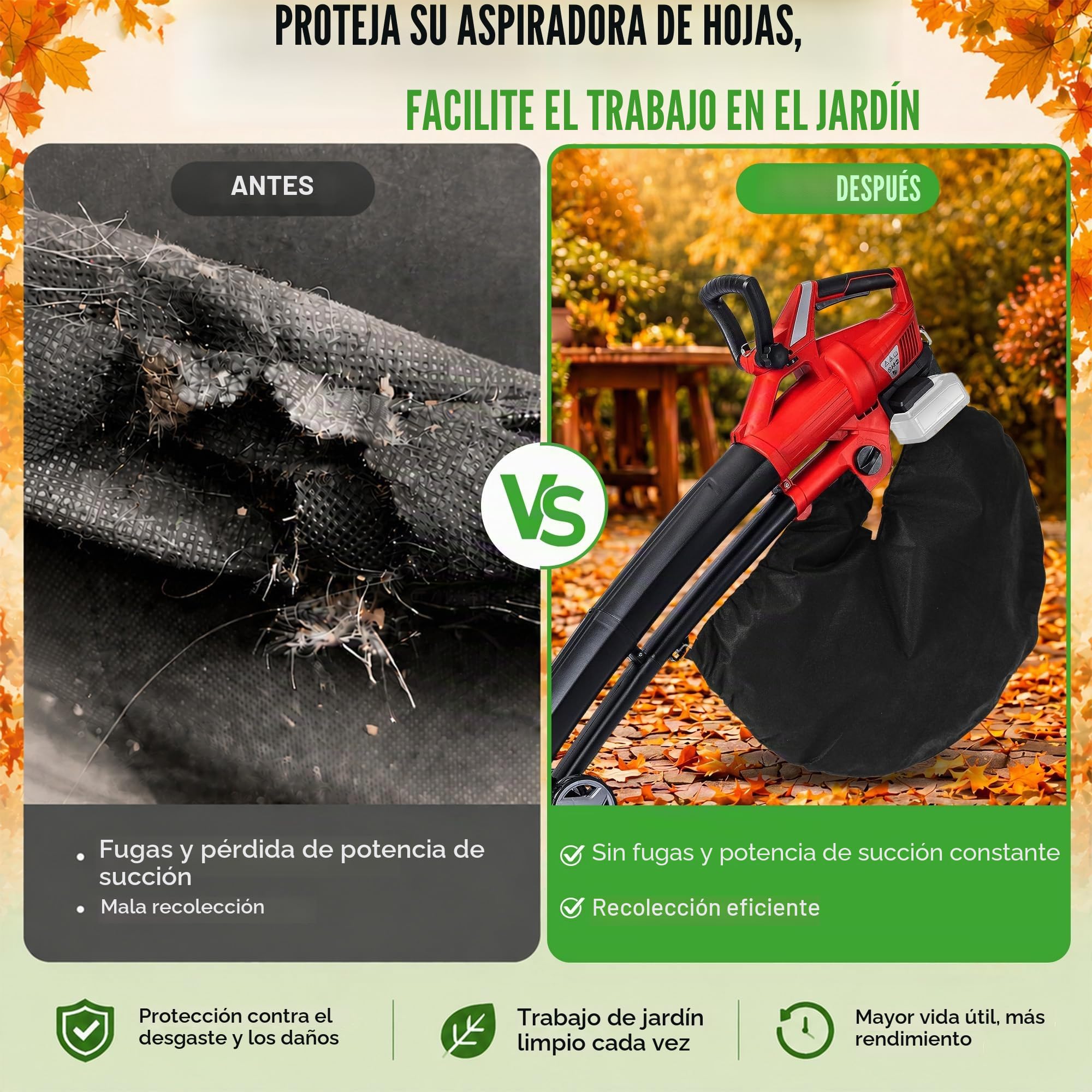 Enhon Bolsa para Aspirador de Hojas Compatible con Einhell GE-CL 36 Li E-Solo, Bolsa Recolectora con Conexión Cuadrada, Tela No Tejida con Cremallera para Residuos de Jardín, 10 Bridas