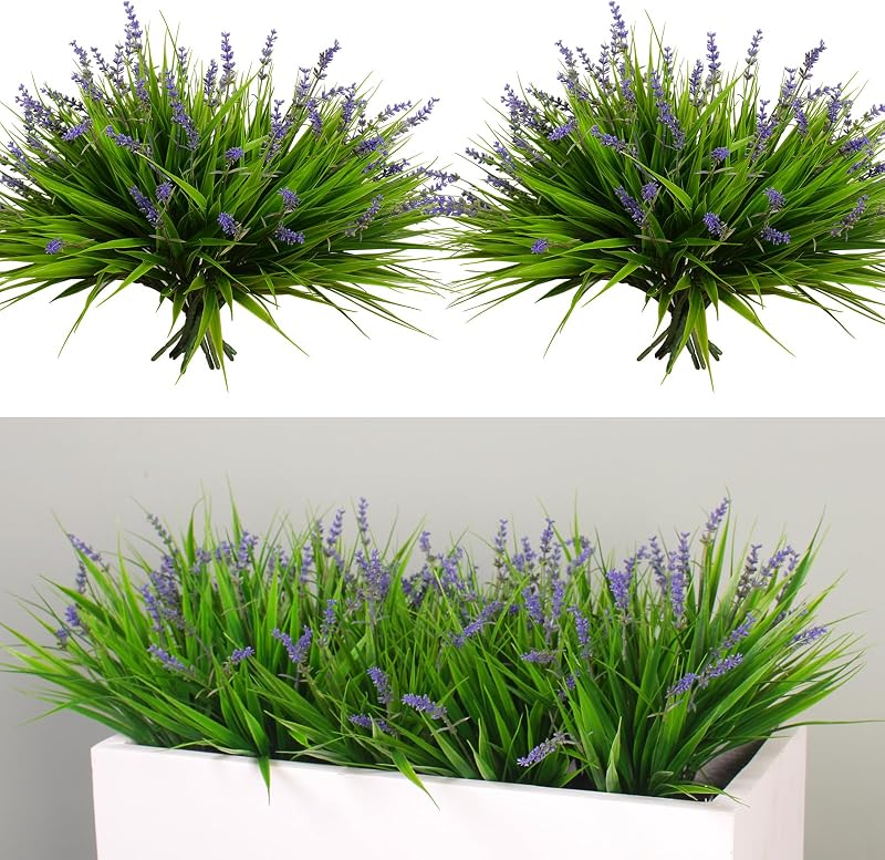 alyptus Flores artificiales para exteriores, 24 paquetes de plantas de hierba de mono falsas, flores moradas de plástico para exteriores, decoración de hojas verdes para decoración de macetas de patio (24 paquetes de flores moradas)