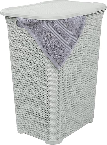 Cesta de lavandería de plástico con tapa, cesta de lavandería de diseño de punto, organizador de paños de humo blanco de 50 litros con asas