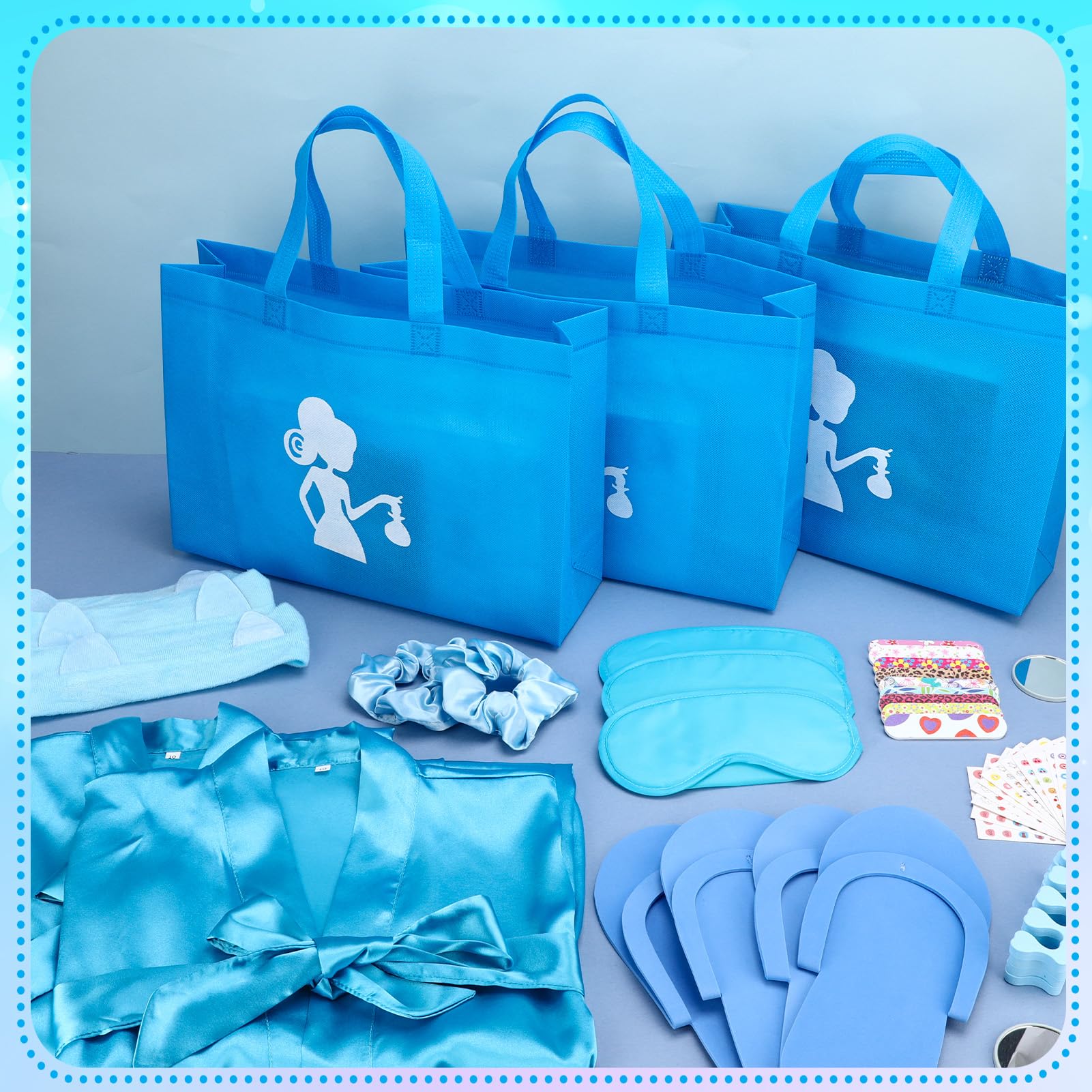 Kit da 122 pezzi blu per feste spa per ragazze, confezione da 10 bomboniere per pigiama con accappatoi in raso, borse e accessori per saloni di bellezza per bambini, spa, compleanni