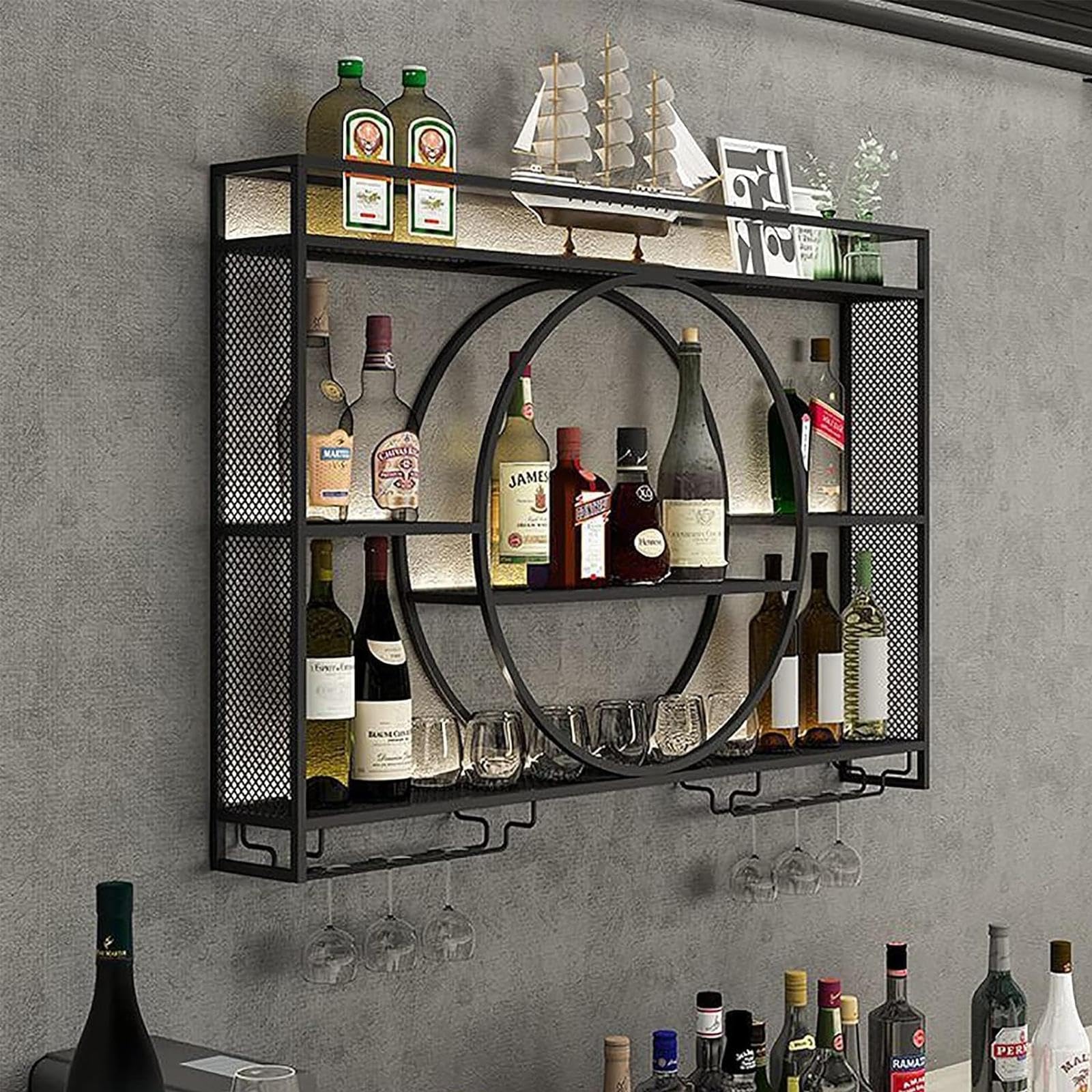 Modernes Metall Weinregal Wand, Bar-Einheit Schwebendes Regal, Weinregale Display Rack Aus Eisen, Bar Regale Wand mit Weinflaschenhalter und Glasregal für Home, Restaurant, Bars (Black,140x15x80cm)