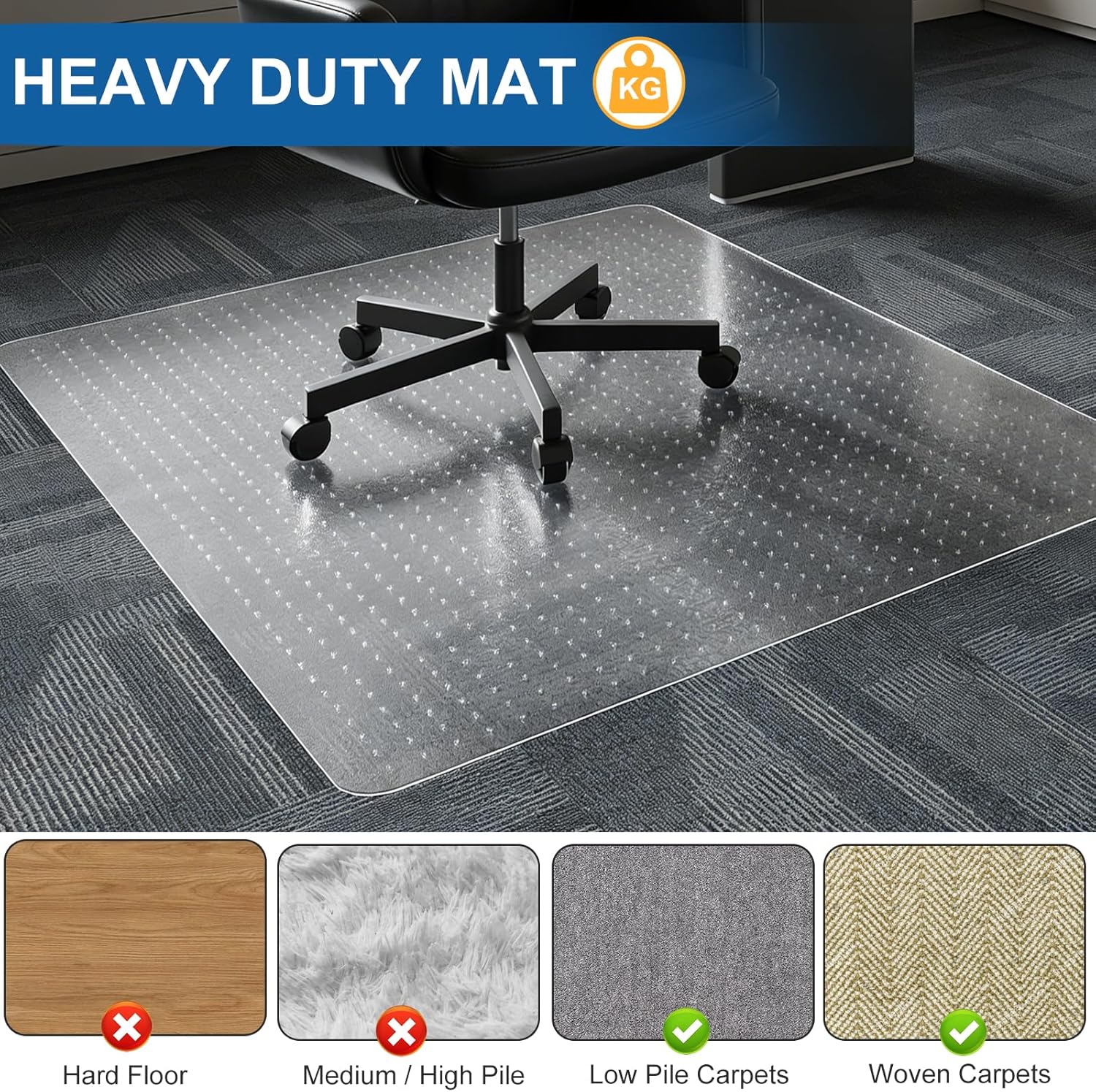 Chair Mat for Carpeted Floors, 36" x 48" Clear Heavy Duty Office Chair Mat, Low-Pile Carpet Protector, Smooth Glide for Desk & Computer Chairs, Under-Desk Coverage (Transparent)