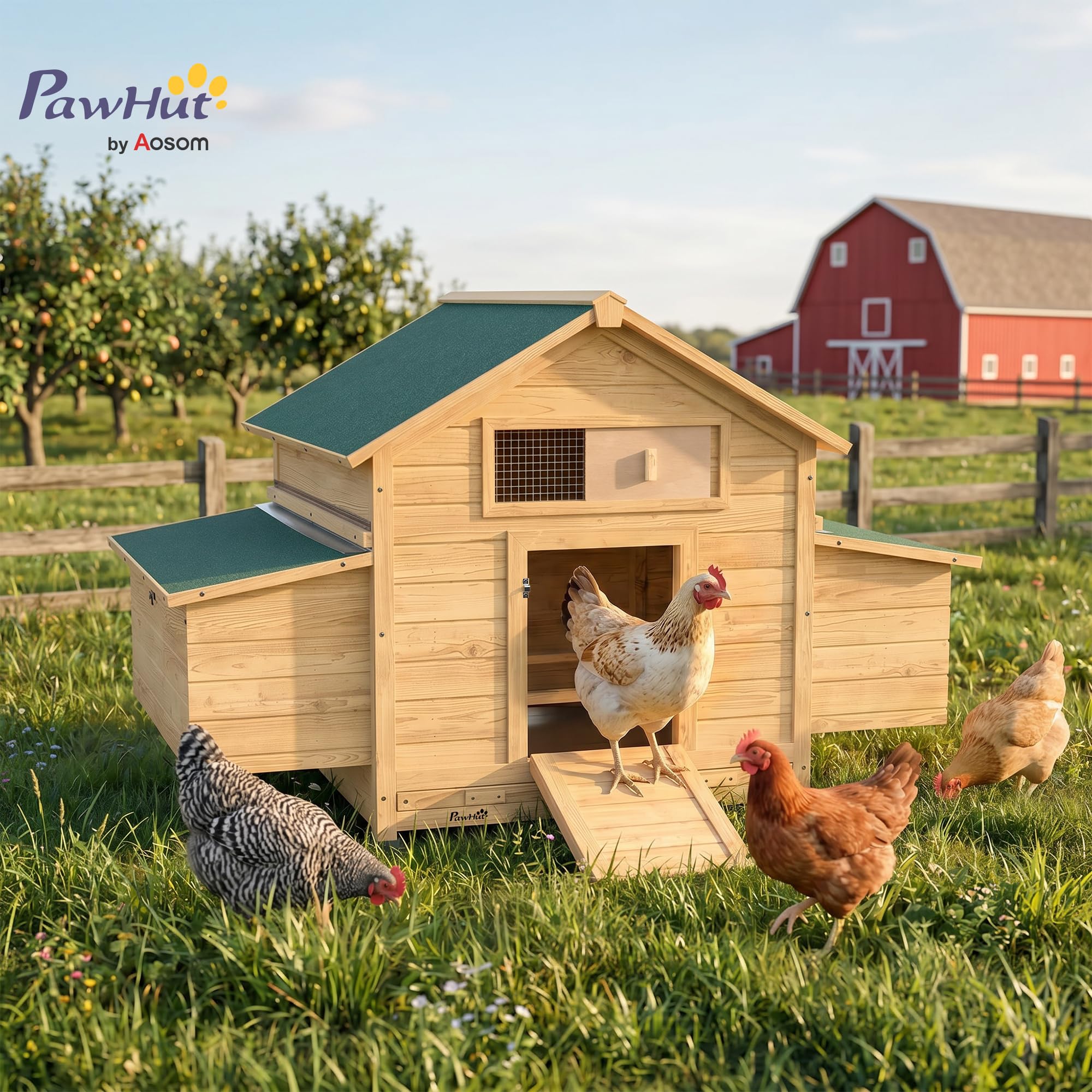 PawHut Pollaio in Legno con 2 Nidi, Pollaio per Galline da Esterno con Tetto Apribile Impermeabile, Vassoio Estraibile e Trespoli, Casetta per 2-4 Galline, Anatra, Giardino, 150x100x96.5 cm, Giallo