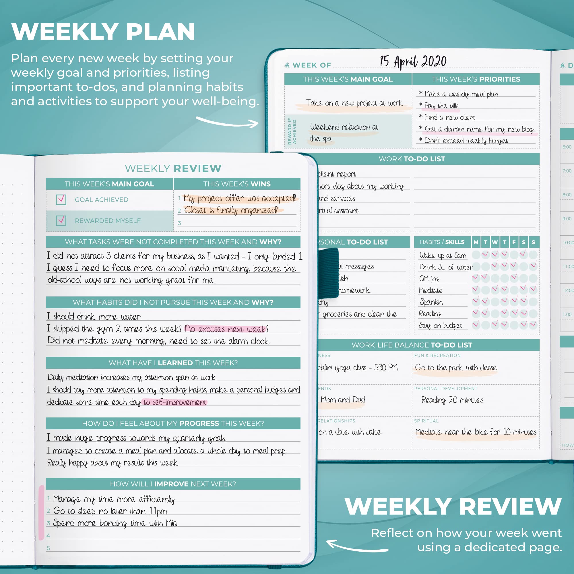 Clever Fox Daily Planner 2nd Edition - Undated Time Block Task Organizer with Hourly Schedule & To-do list - A5, 6 Months (Aquamarine) - Image 4