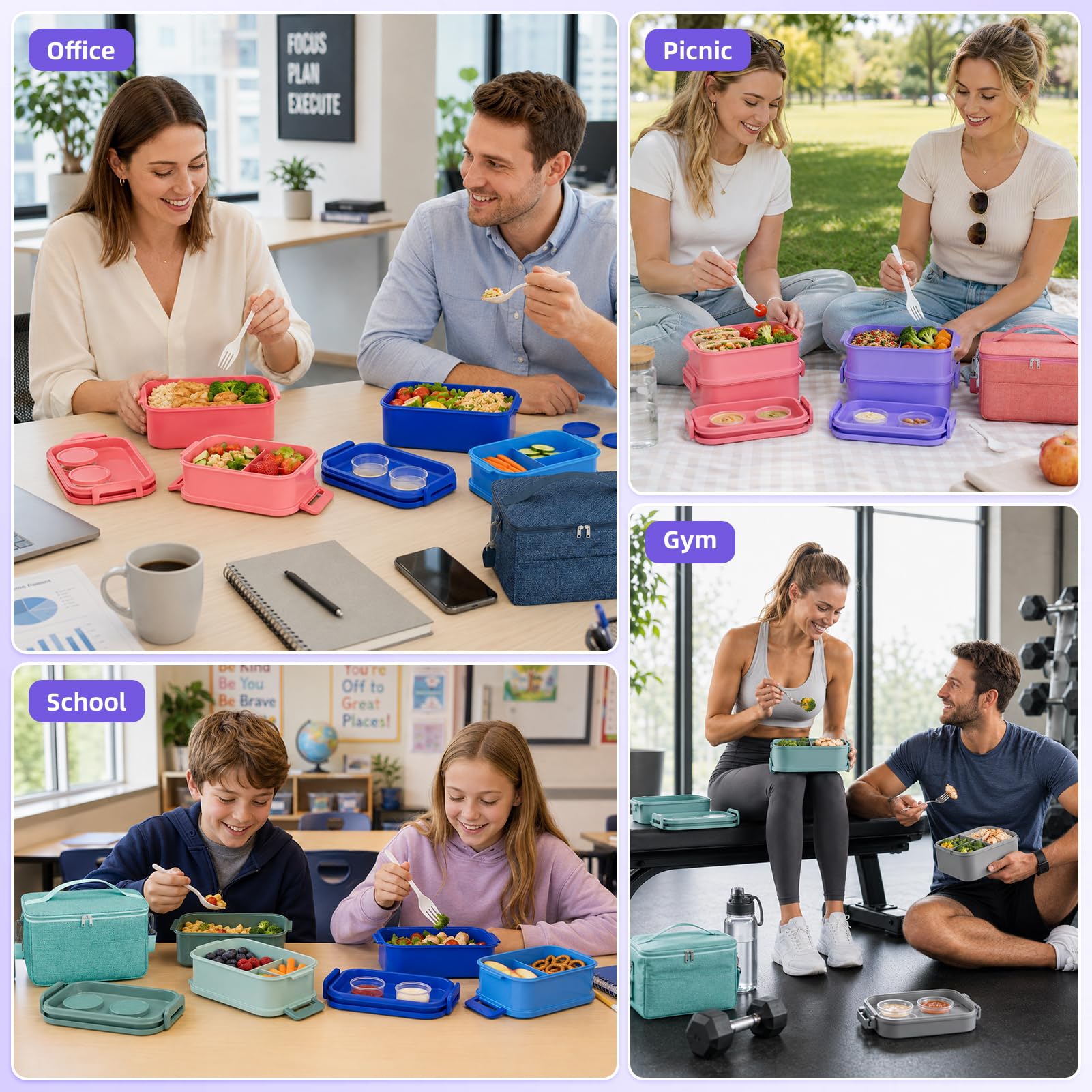 Boîte à bento pour adultes avec sac à déjeuner pour femmes – Boîte à déjeuner empilable tout-en-un pour adultes et enfants – Grande boîte à déjeuner Bento étanche avec fourchette, cuillère, boîte à