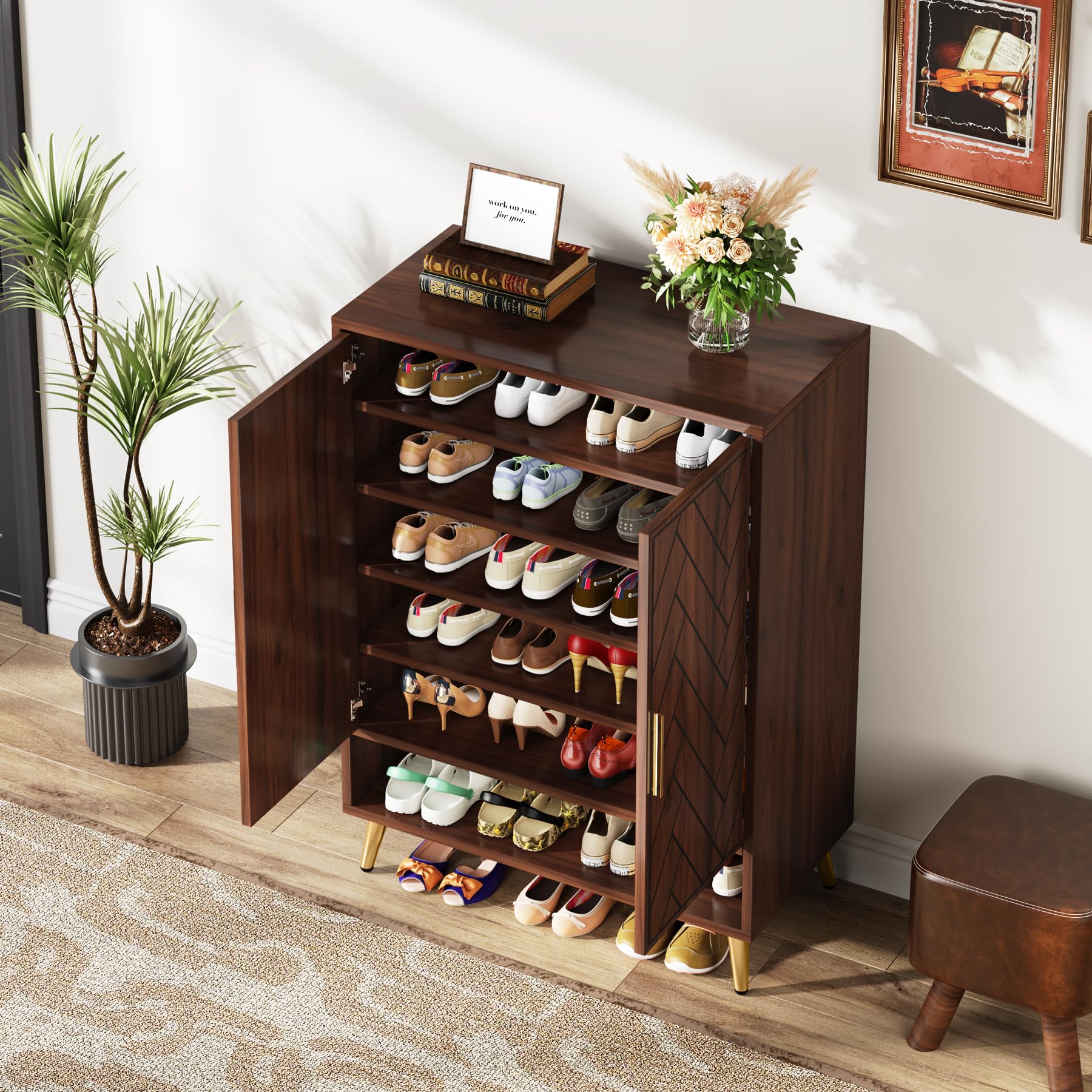 Tribesigns Mueble Zapatero de 6 Niveles con 2 Puertas, Armario Zapatero de Entrada, 75x 35x 110cm, Divisores Ajustables, para Armario Estrecho, Entrada, Salón, Marrón (marrón)