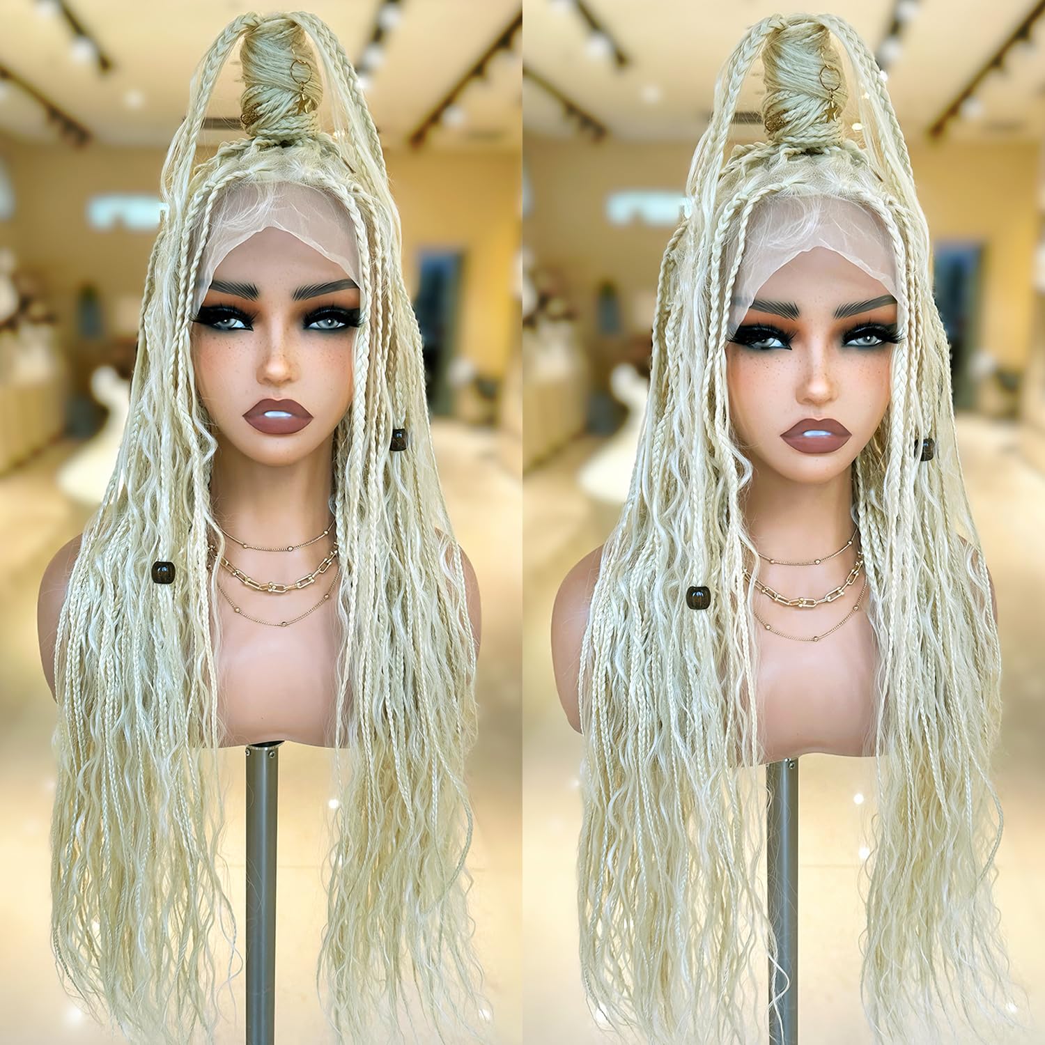 SOKU Bohemian Braided Wigs for Black Women 32 Inch Box Braid Wig with Baby Hair Single Full Lace Frontal Synthetic Heat Friendly Glueless Braided Wigs