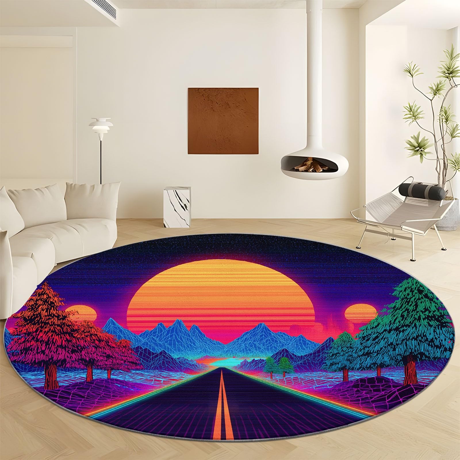 Tapis rond montagne vintage résistant aux taches pour salon facile à nettoyer