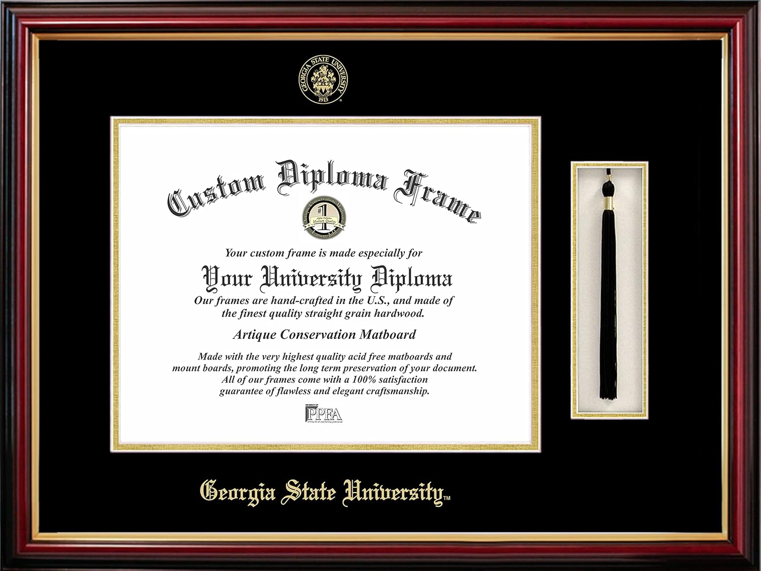 Campus Images Georgia State University Tassel Diploma Frame 14 x 17 Petite Mahogany – Black and Gold Mat with Graduation Tassel Holder
