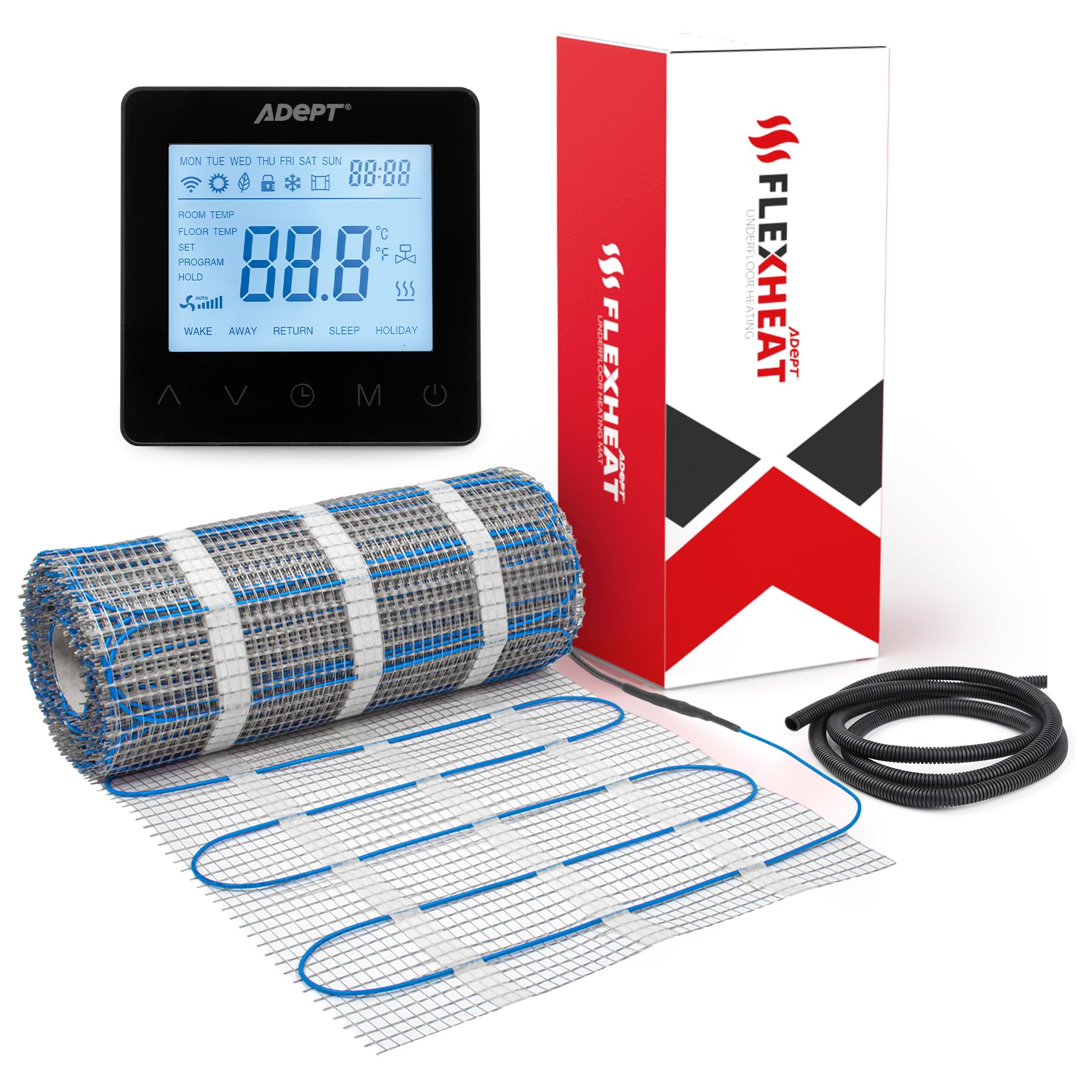 Adept Flexheat Black Programmable Thermostat Electric Underfloor Heating Mat Kit - 200W/M2-1.5M2
