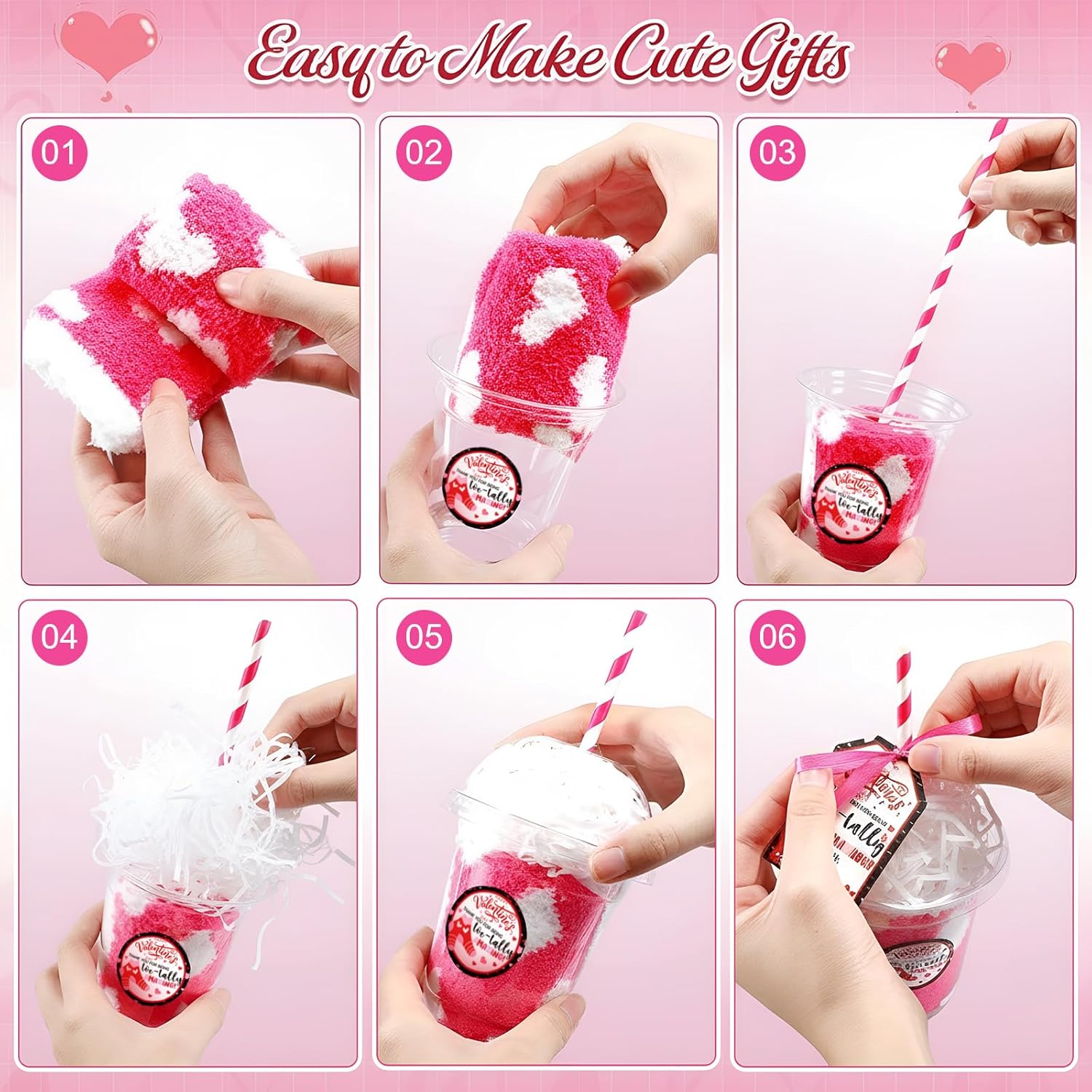 Capoda 24 Set Valentine's Day Cup Socks Gifts, Bulk Pink Heart Fuzzy Fluffy Socks, Galentines Gifts Party Favor for Women - Image 4