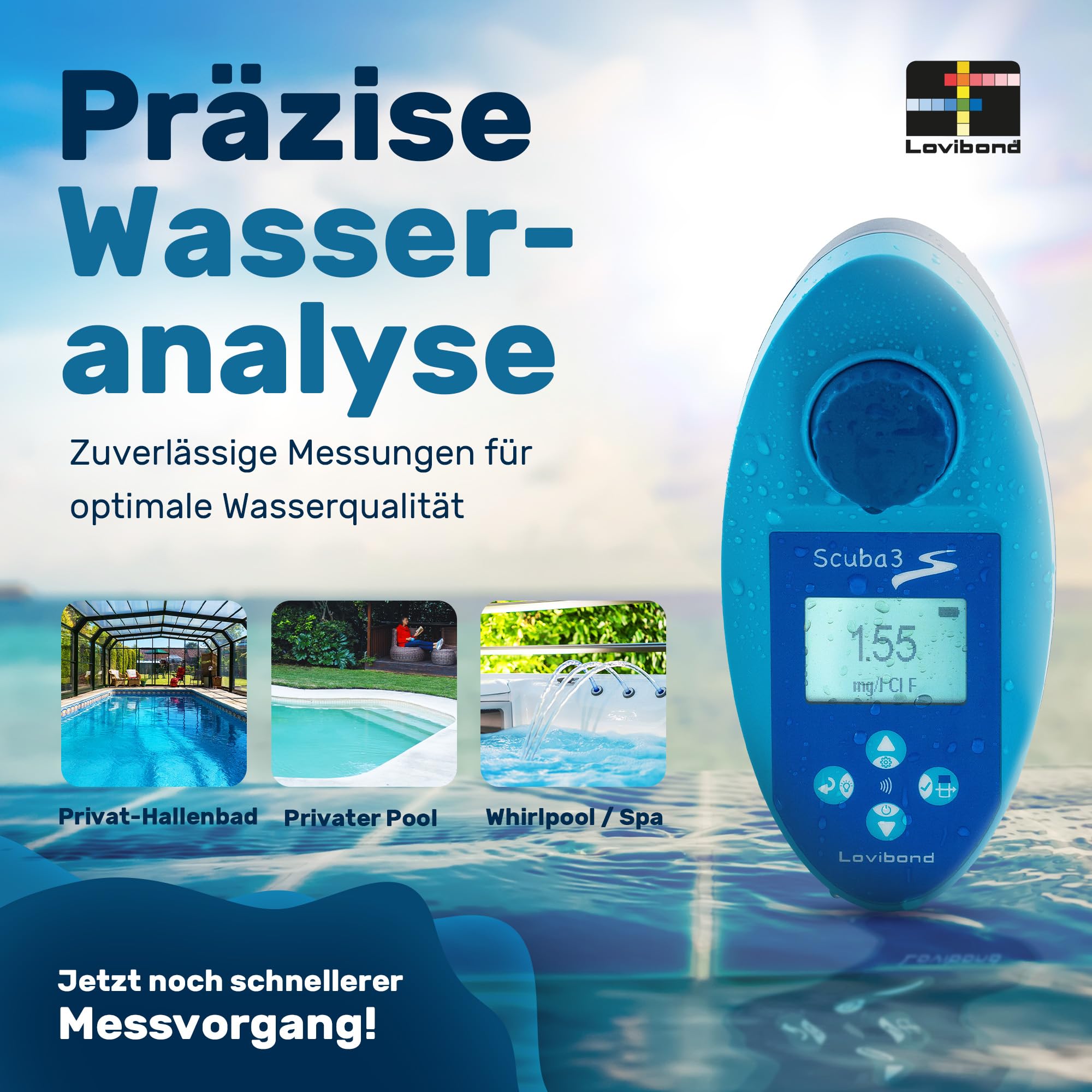 Lovibond® Scuba3s Pool Photometer – elektronischer Pooltester mit NFC und App – 11 Wasserparameter – Messgerät Wasserqualität – Wassertester Pool IPX7 – einfache Handhabung – schnelle Ergebnisse