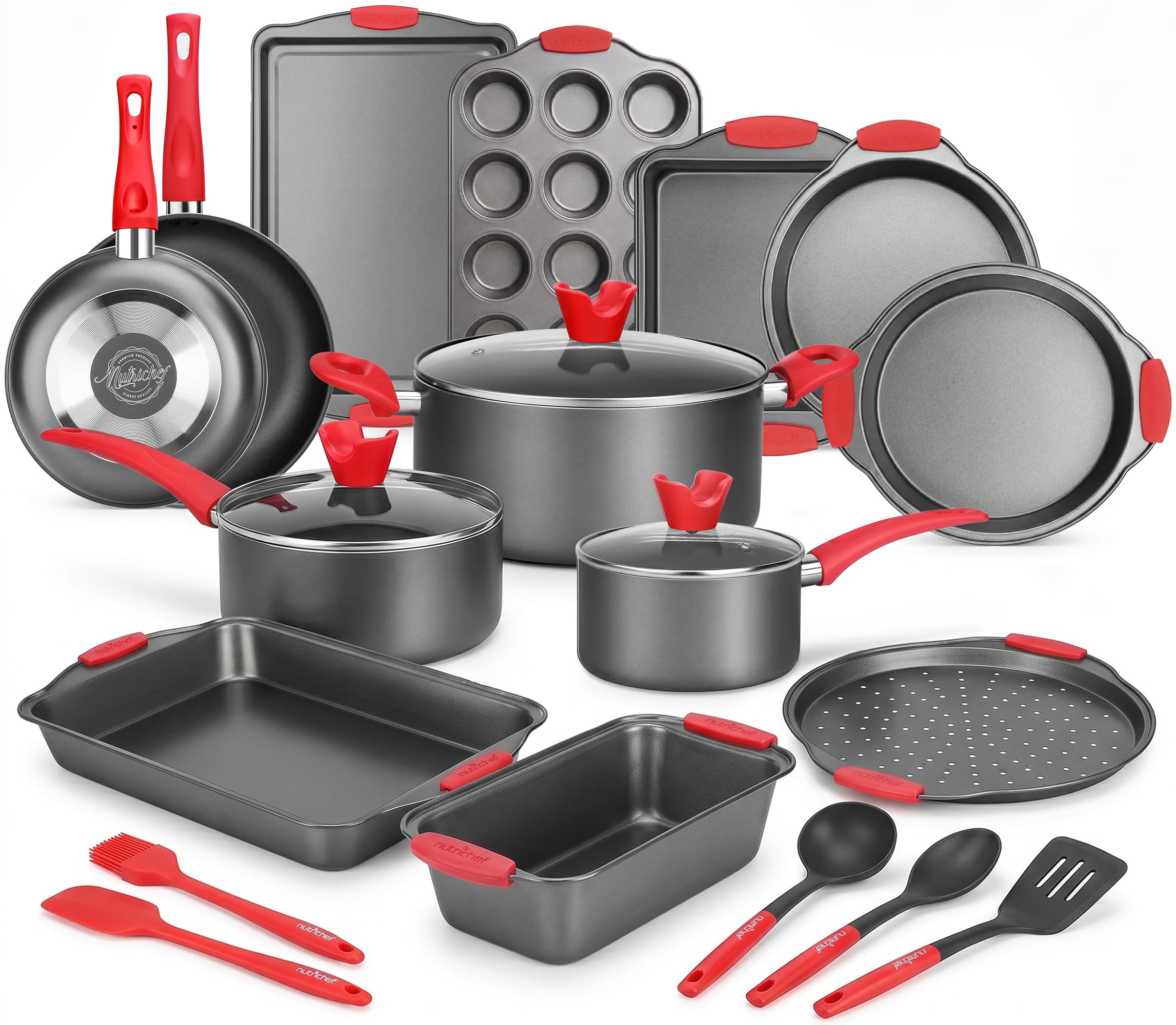 NutriChef 21-Piece Nonstick Cookware Set, Black, Irregular Shape, Includes Saucepans, Dutch Oven, Frying Pans, Baking Pans, and More