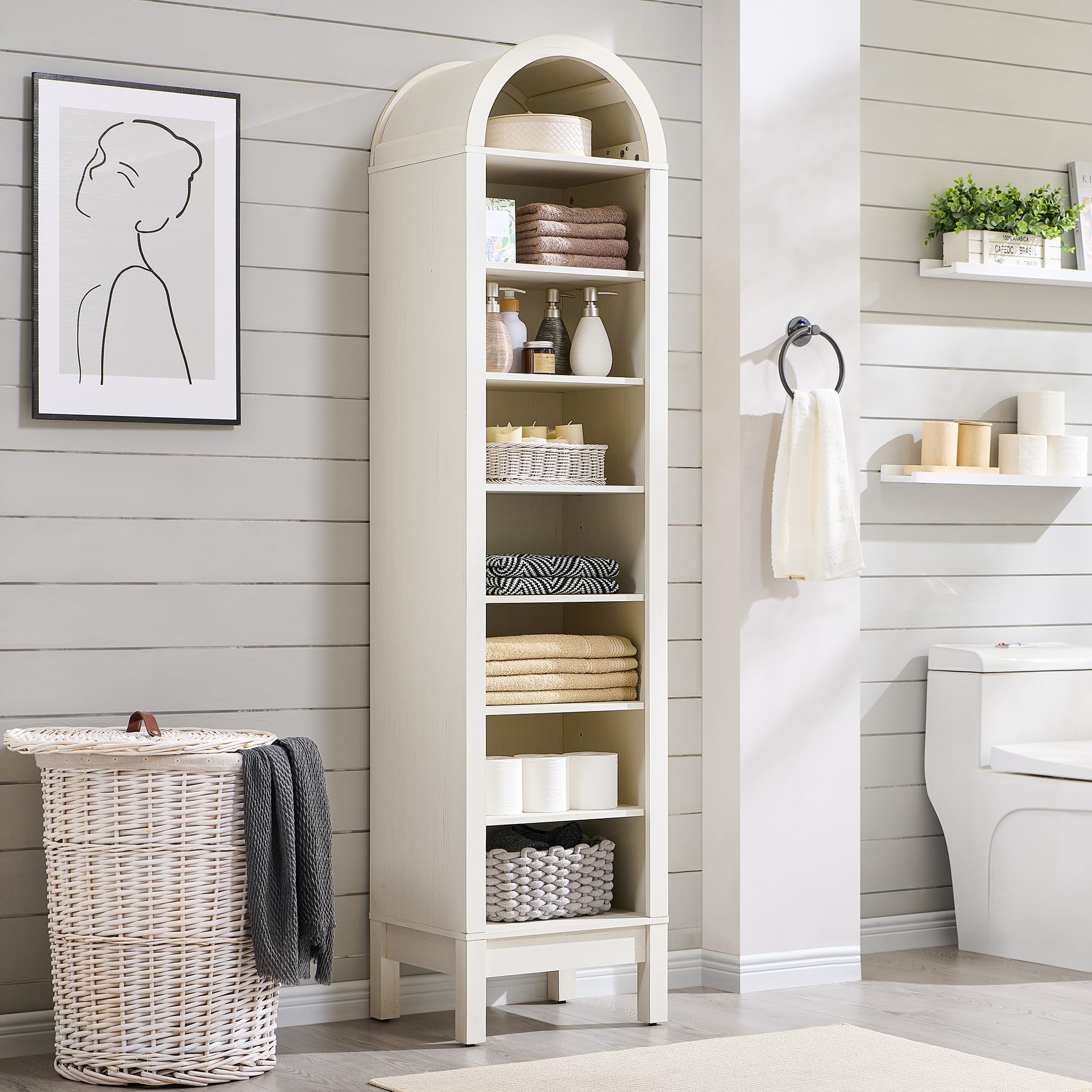 IFBUY 71" Tall Arched Bathroom Storage Cabinet, 8-Tier Modern Farmhouse Storage Cabinet with Adjustable Shelves, Wood Freestanding Cabinet for