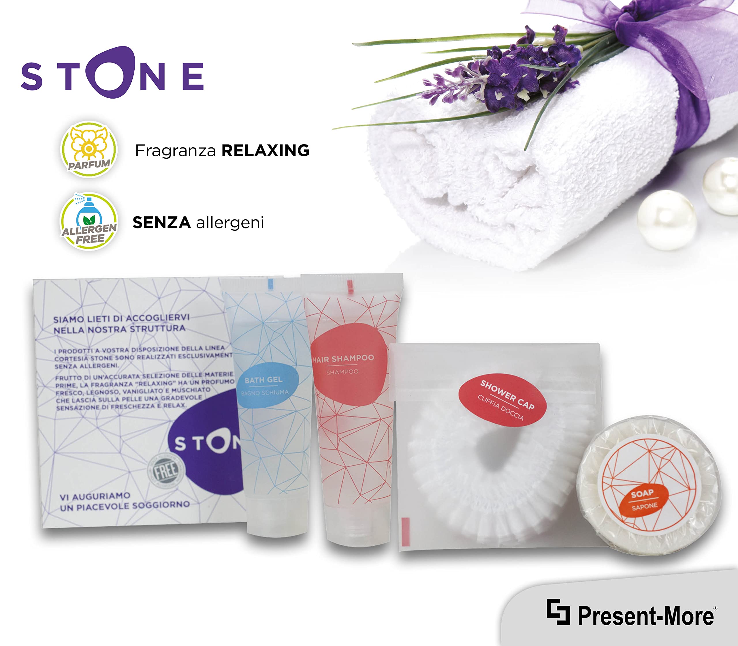 Present-More Amenities Kit Stone - Toilettenartikel 35 Gäste für Hotels und B&B | Allergenfreie Amenities Kit mit Duftnote Relaxing