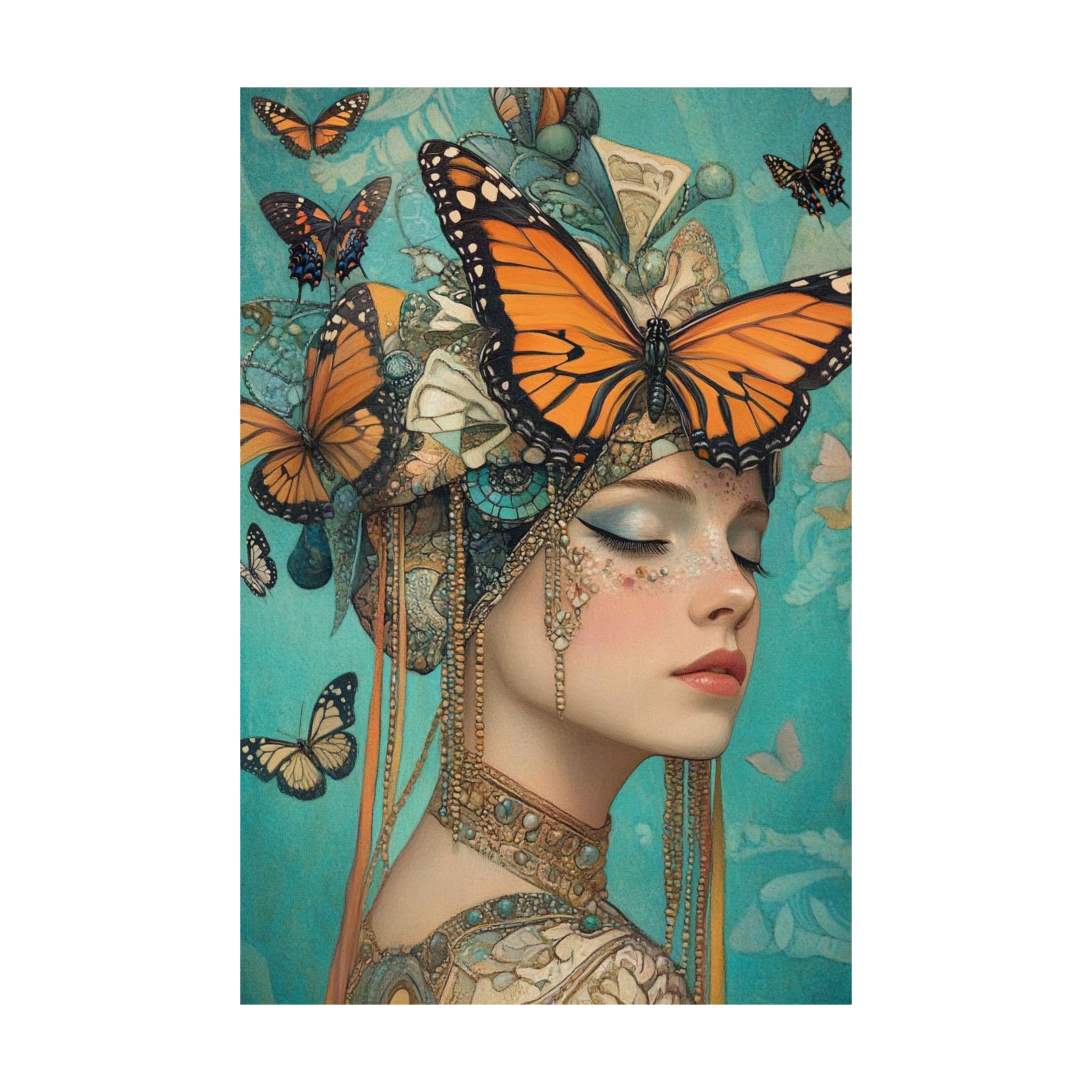 TERUEA Funny Bathroom Wall Art Print Woman with Butterflies Portrait Vintage Humor Wall Art Poster for Bathroom Toilet Decor(Turquoise)-70x100cm Unframed