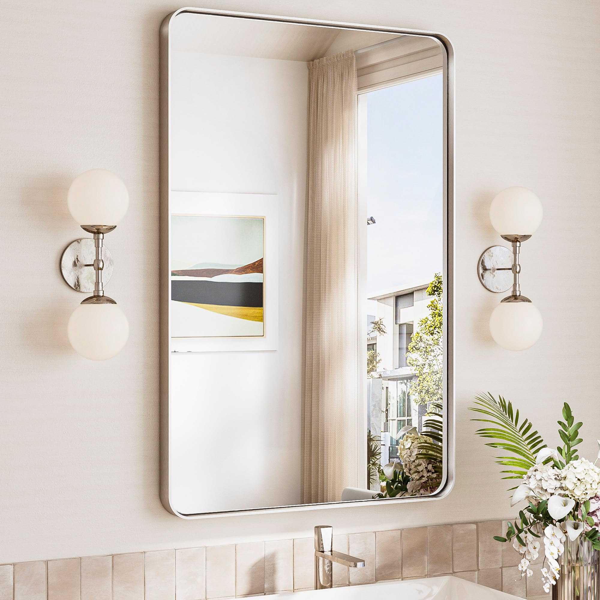 TokeShimi 24x36 Brushed Nickel Bathroom Mirror,Wall Mirror for Bathroom with Tempered Glass,Nickel Bathroom Vanity Mirror for Over Sink,Aluminum Framed Mirror Bathroom(Horizontal/Vertical)