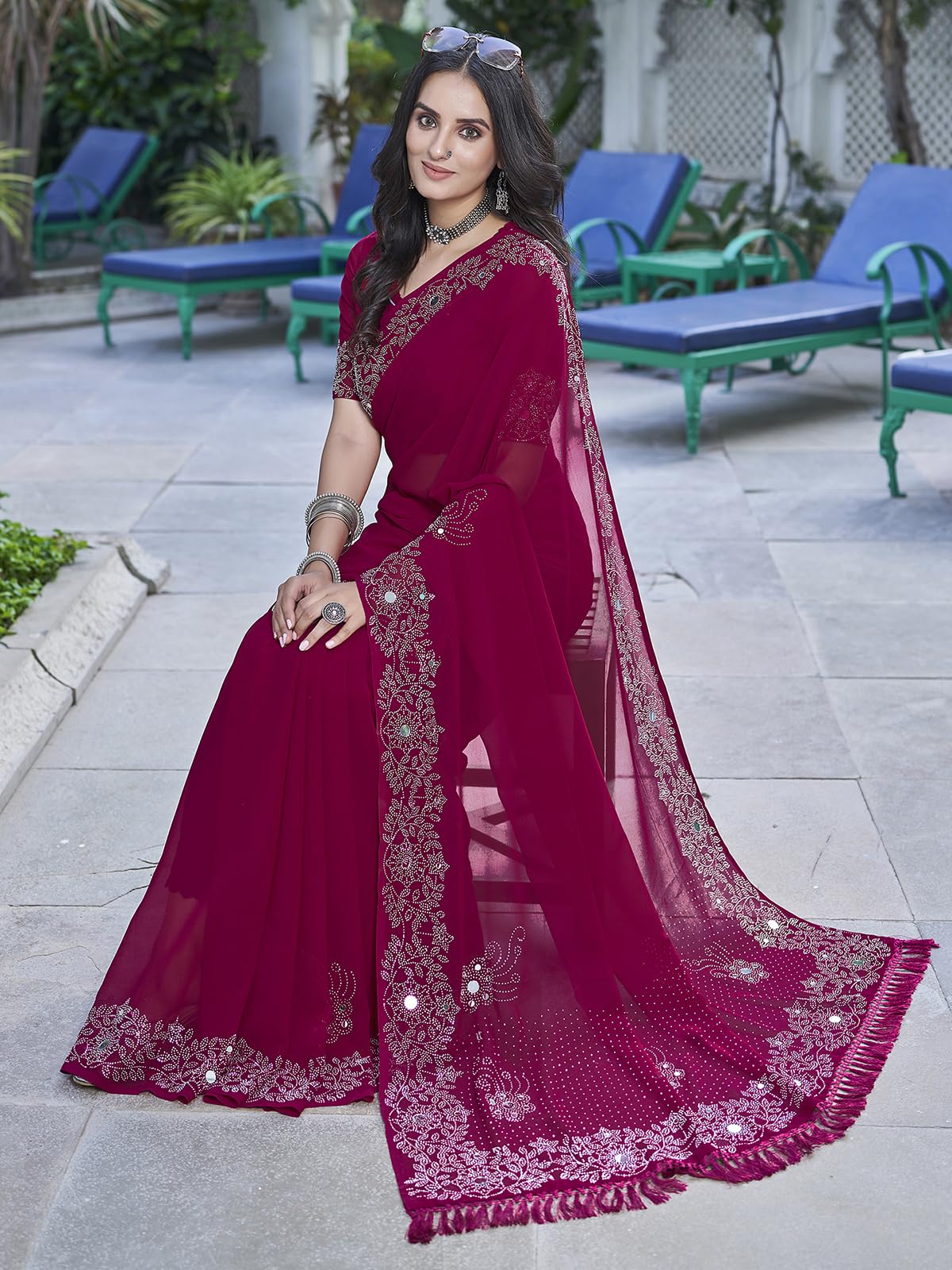 Satrani Women's Stone & Mirror Work Embellished Georgette Saree With Unstitched Blouse Piece (3754S123N_Dark Pink)