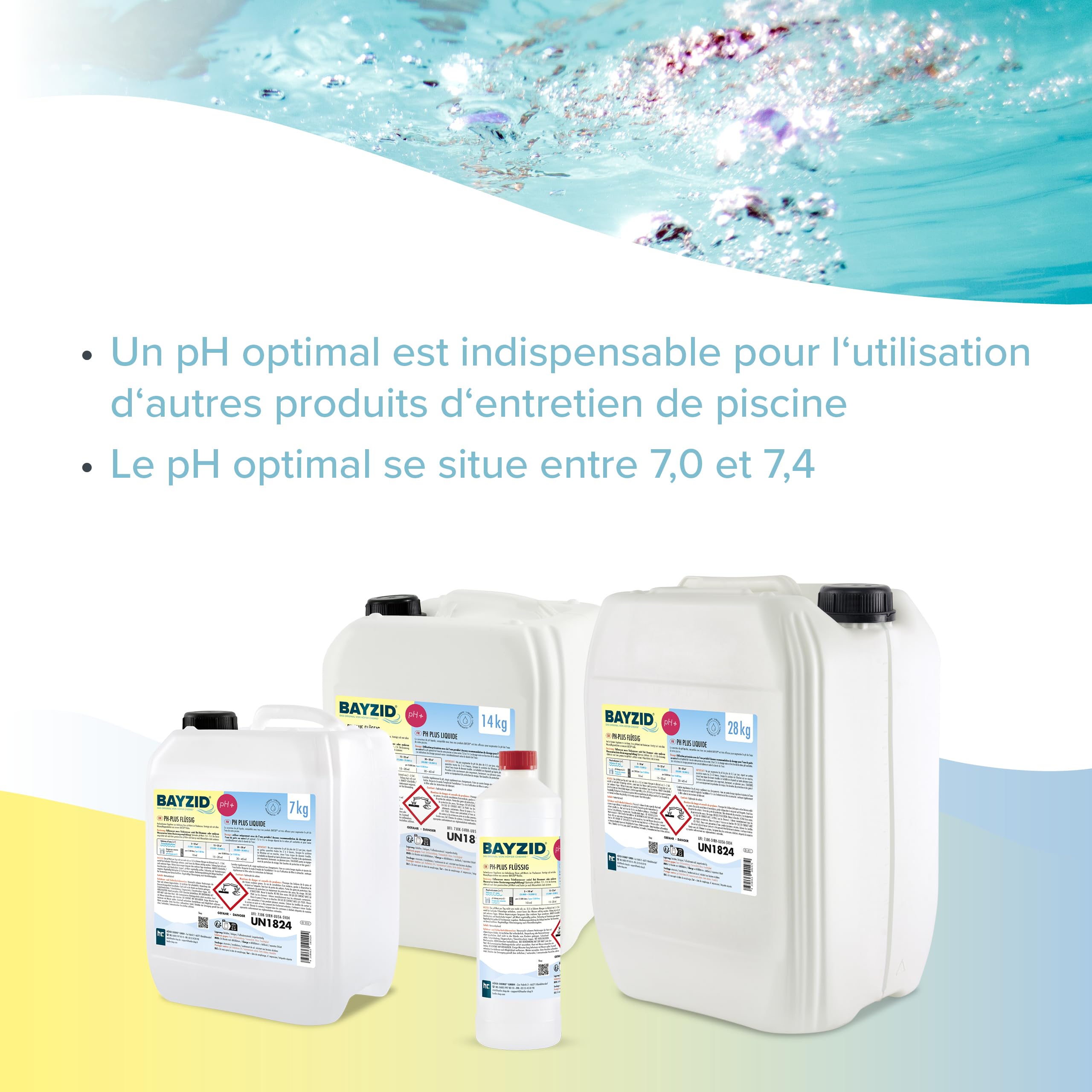 Bayzid pH Plus Liquide 2 x 14 kg - Augmenteur de pH pour Piscine | Compatible Tous Traitements - Qualité Pure et Stable - Remonte le pH en Douceur - Protège les Équipements