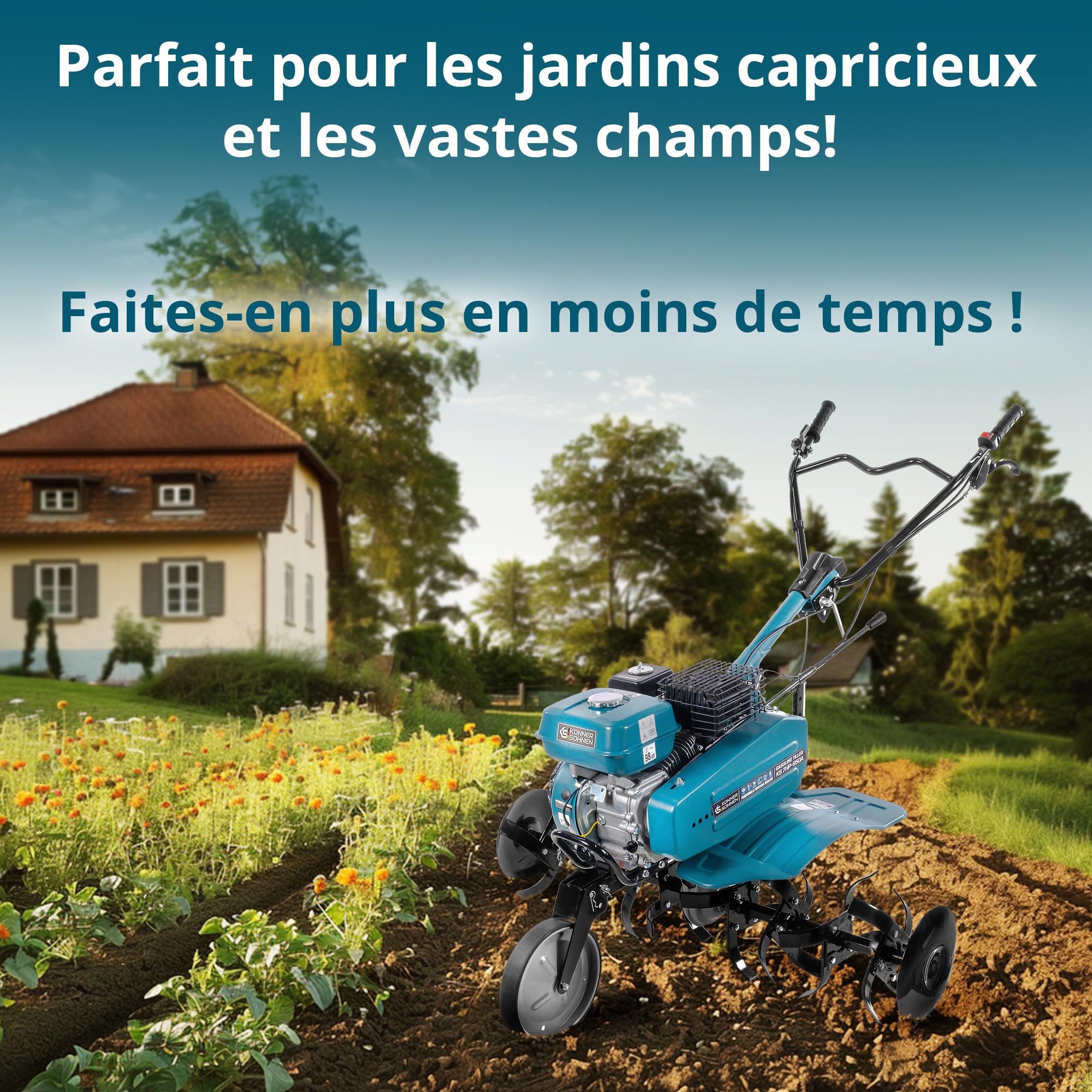 Könner & Söhnen KS 7HP-950A, Cultivateur à Essence cylindrée 212 cm3, Motoculteur de Jardin, de Labour Max. 31 cm, motobineuse pour parcelles familiales, parterres de Fleurs et parcelles de Jardin.