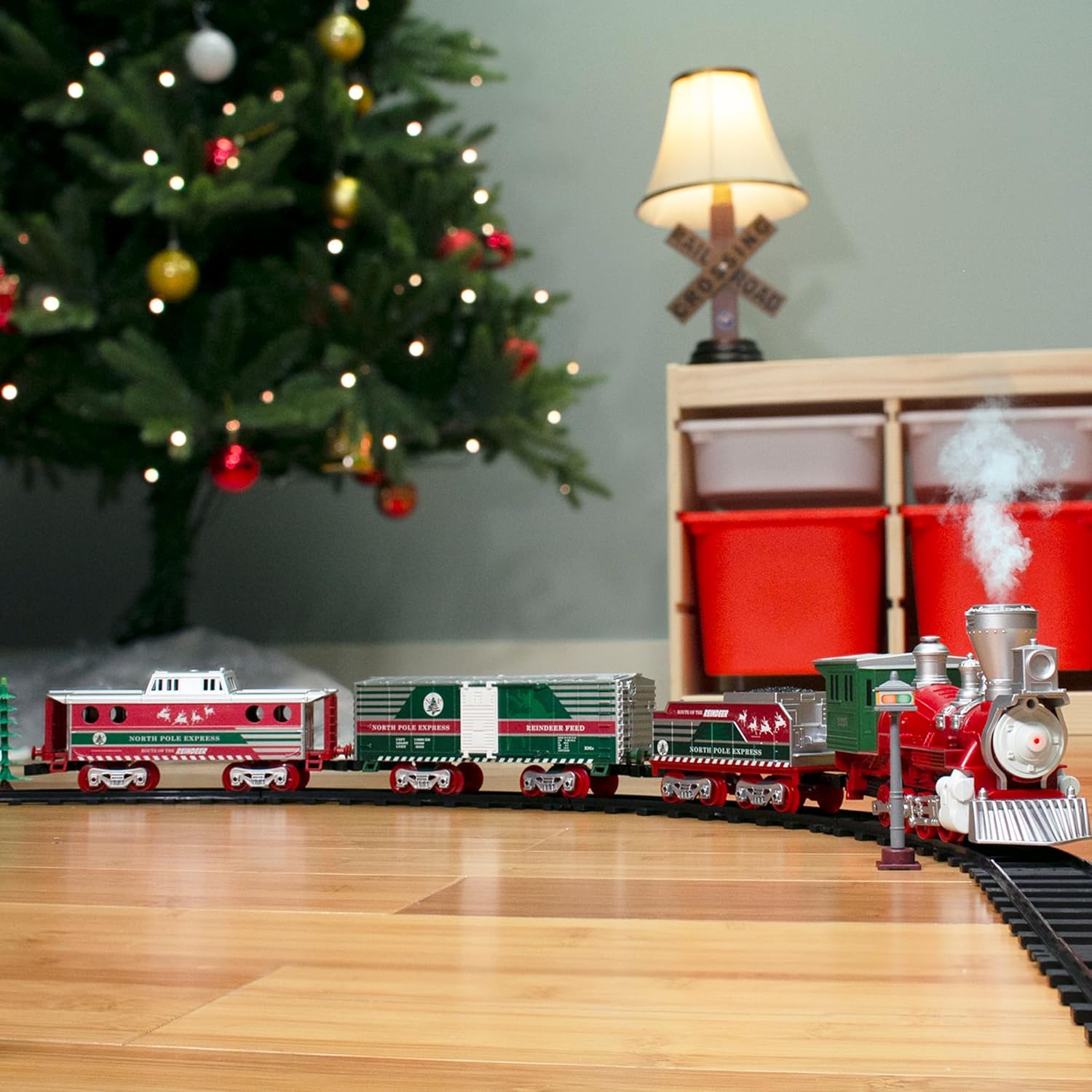Lionel Trains Set North Pole Express Holiday Train 29 Piece Set with Water Vapor Smoke Effect, Working Headlight, Horn and Bell Sounds, Red