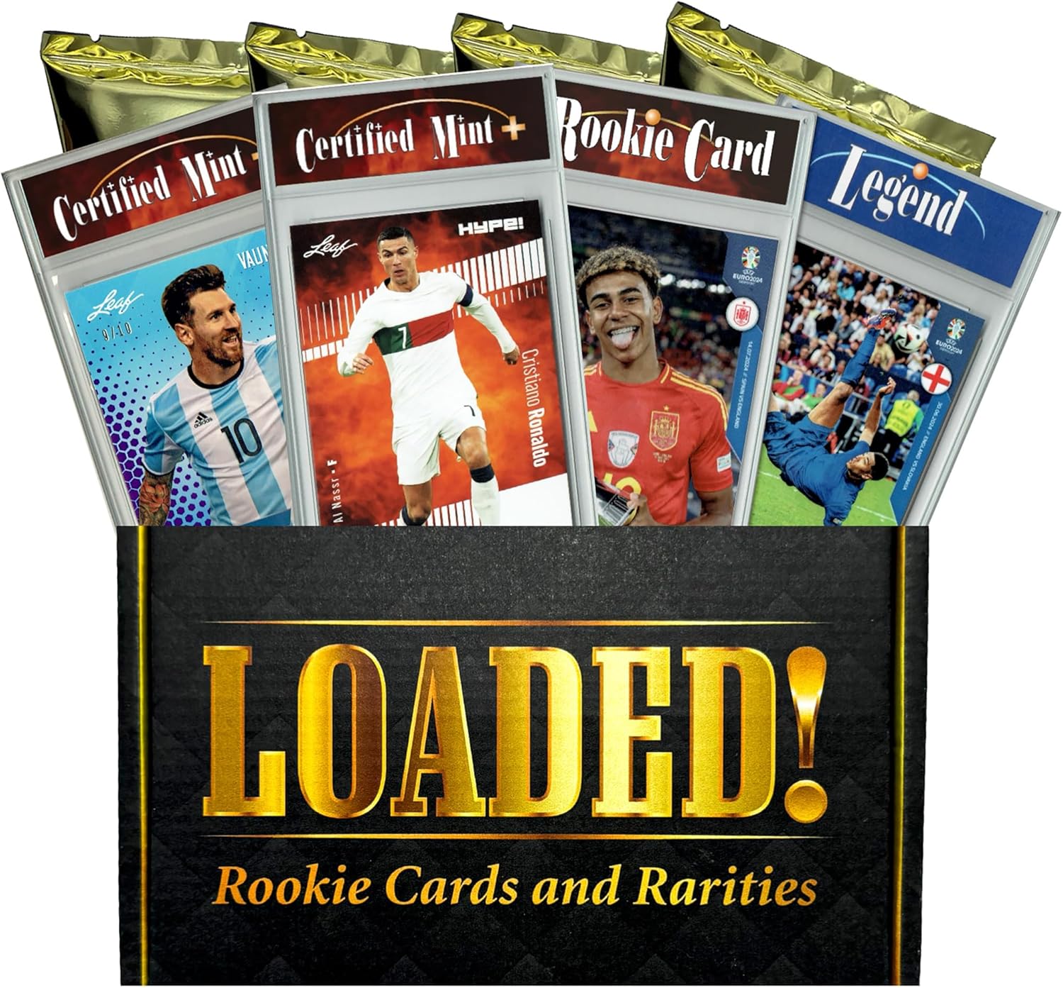 LOADED! Soccer National Colors Collector’s Box: 4 Certified Mint+ Rookie Cards & Rarities - Lamine Yamal, Pele, Cristiano Ronaldo, Lionel Messi, Christian Pulisic, Erling Haaland and more