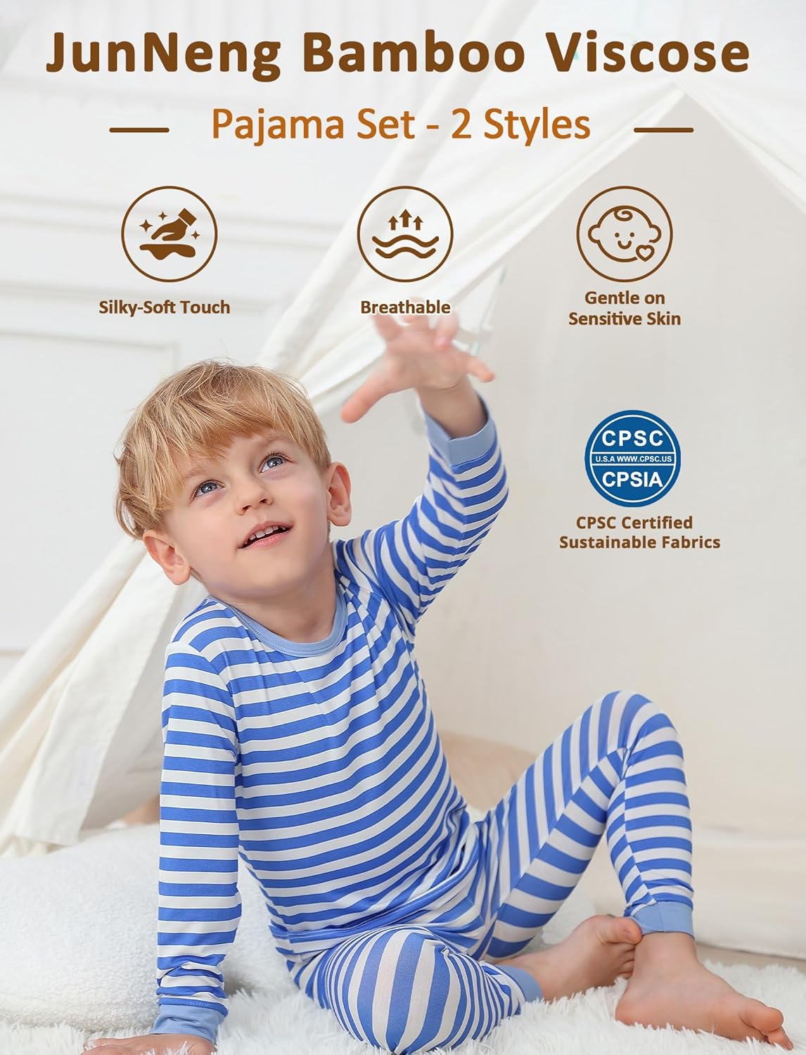JunNeng Bamboo Viscose Pajamas for Toddler 4 Piece Baby Boys & Girls Snug Fit Long Sleeve Striped PJs Sleepwear, 12M-6Y - Image 4