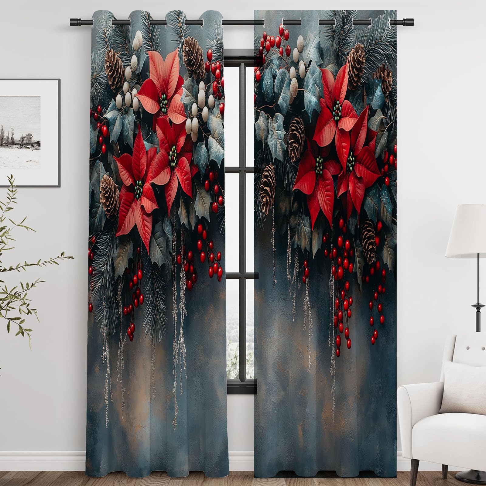 Modern Abstrakt Geometrie Vorhänge Klassischer roter Tannenzapfen-Winter Schlafzimmer Fenstervorhang-H180 x B100 cm (2er Pack)