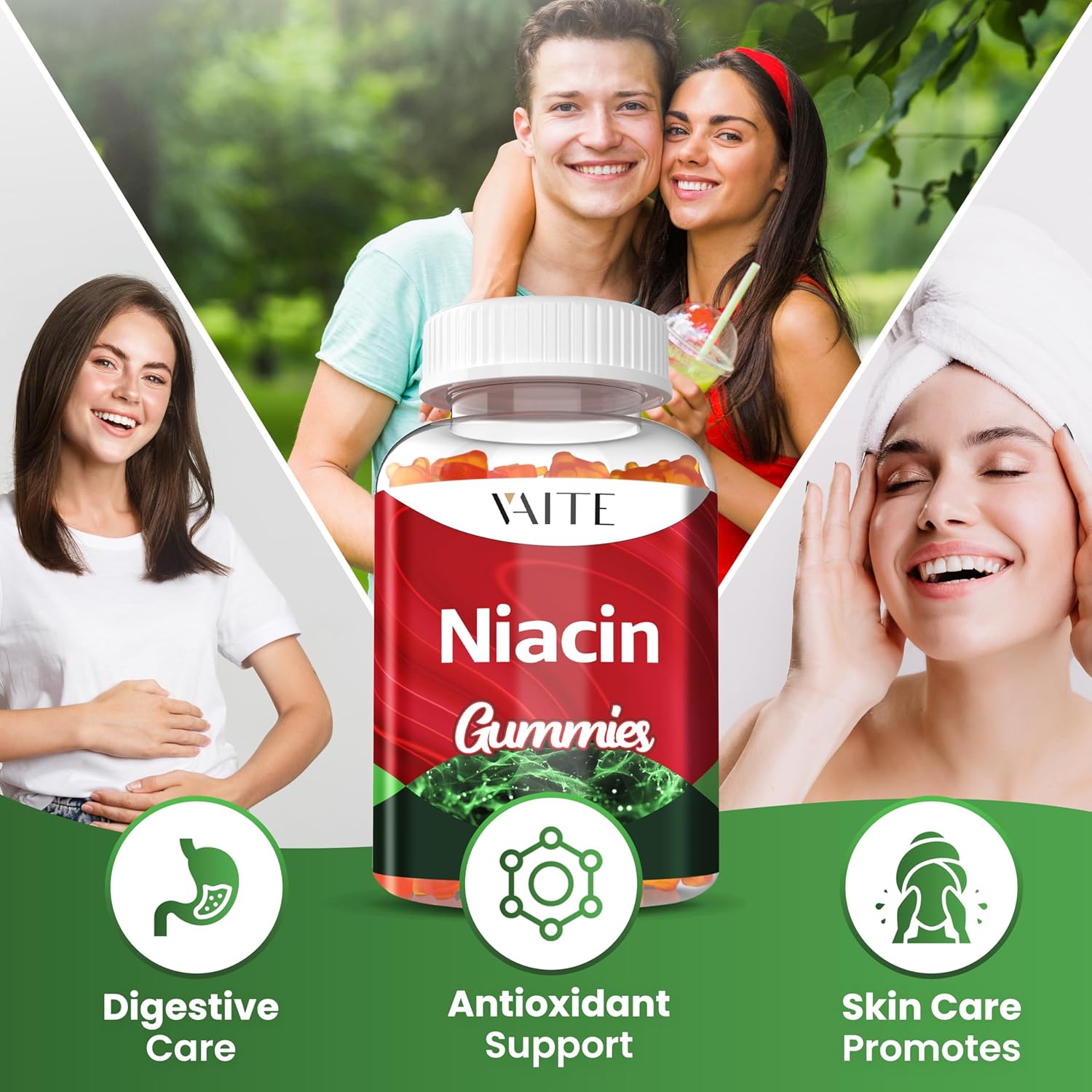 VAITE Niacin (Vitamin B3) 1000mg Supplement – Antioxidant & Energy Support, Nicotinic Acid for Nutrient Conversion & Skin Hydration, Sugar-Free, 60 Vegan Gummies, Non-GMO, Daily Chewable - Image 2