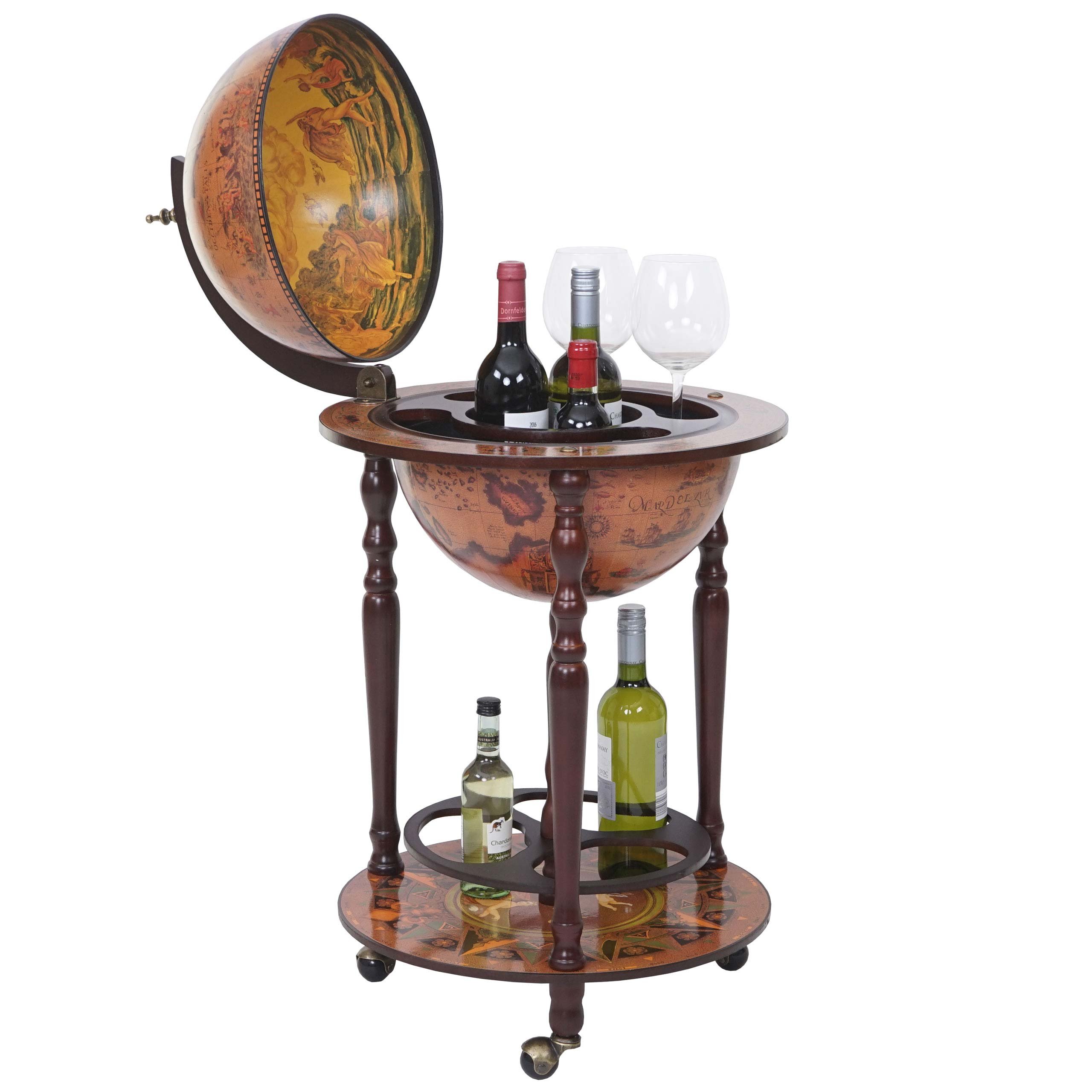 Globe Terrestre Minibar Roulant 44cm - Bois D'eucalyptus - Reproduction 16e Italie