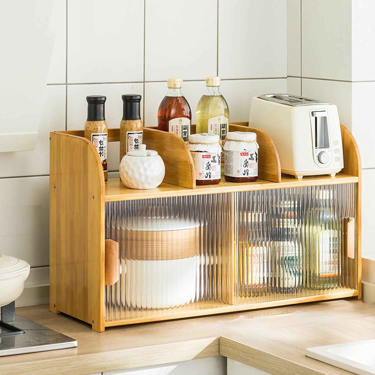 Small Kitchen Pantry Cabinet, Kitchen Pantry Sideboard with 2 Sliding Striped Glass Doors, Freestanding Countertop Storage Cabinet for Kitchen, Living Room, Dinning(Color:Wood Color,Size:A)